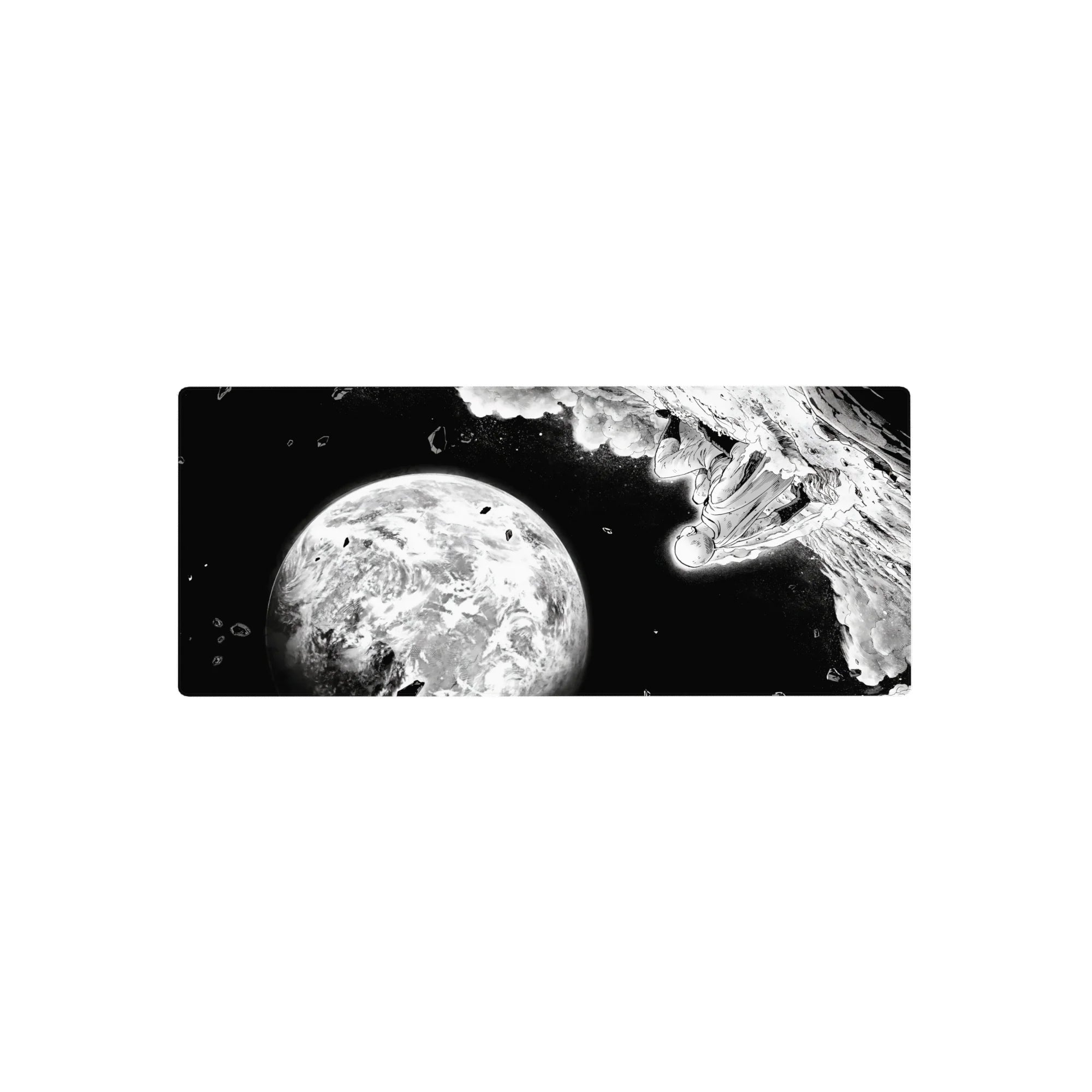 28x12 inches anime mouse pad with black-and-white space dive, lone caped hero and glowing planet, manga style.