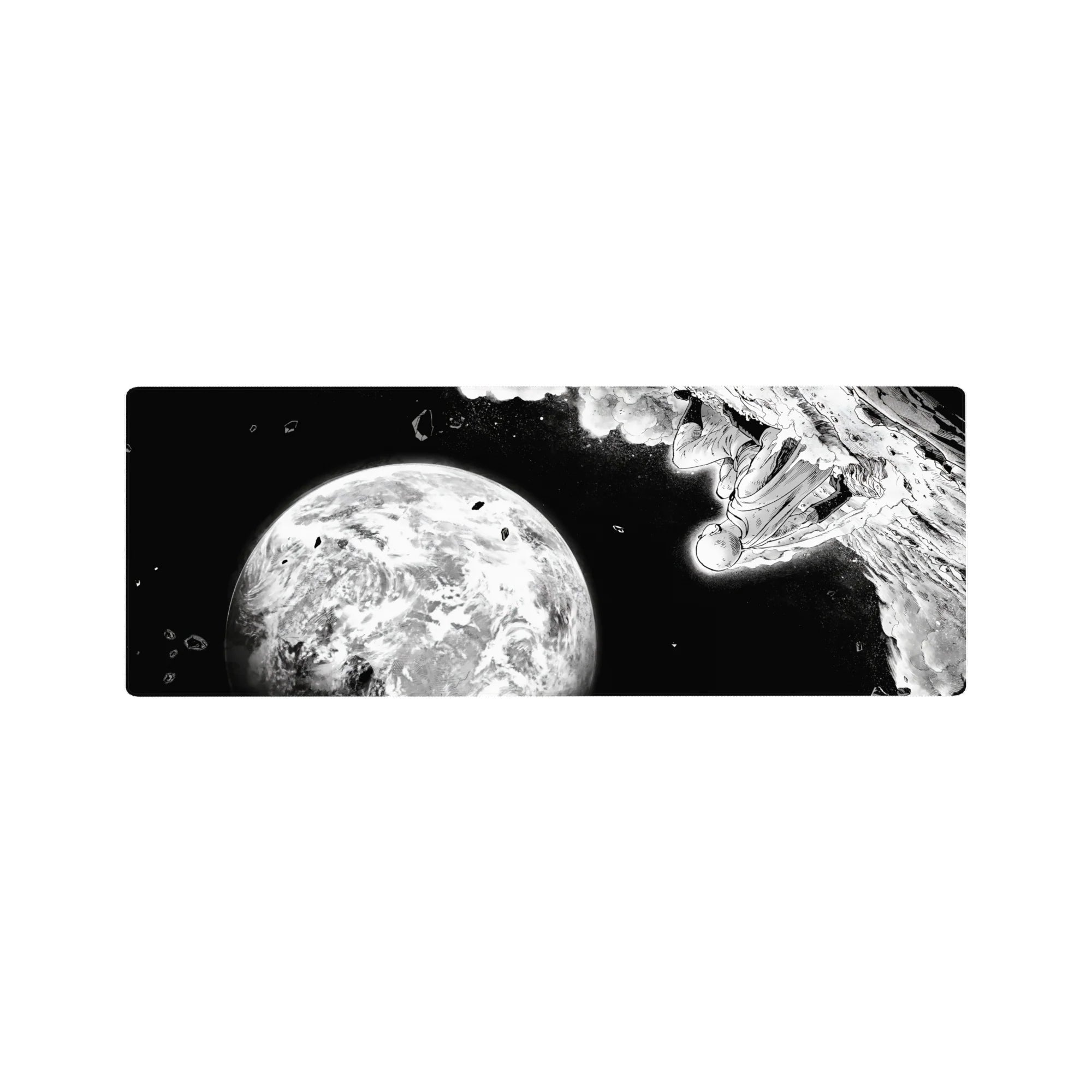 32x12 inches anime mouse pad with black-and-white manga space hero and glowing planet artwork.