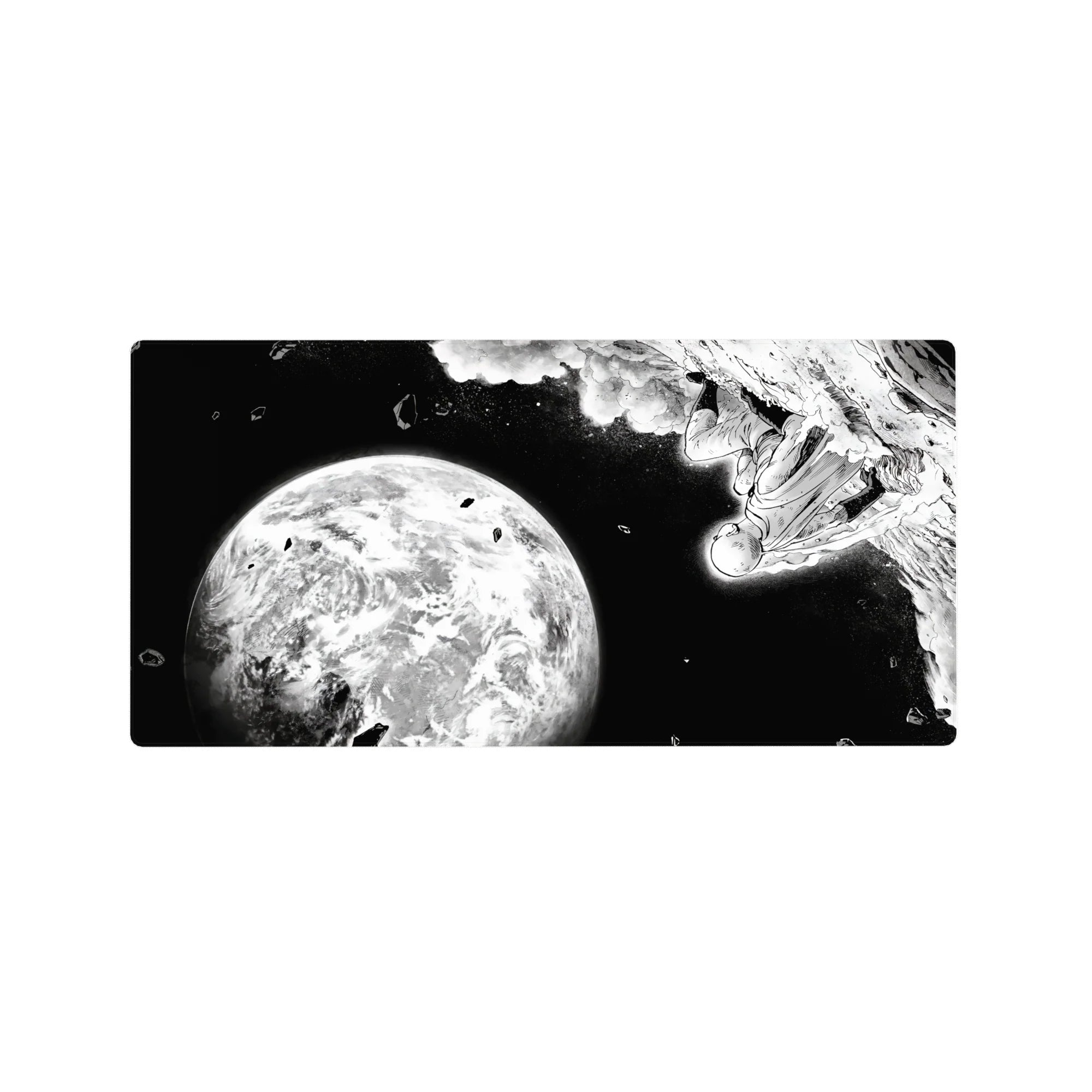 32x16 inches anime mouse pad with manga-style space dive, cape hero, shattered rocks, and giant planet.