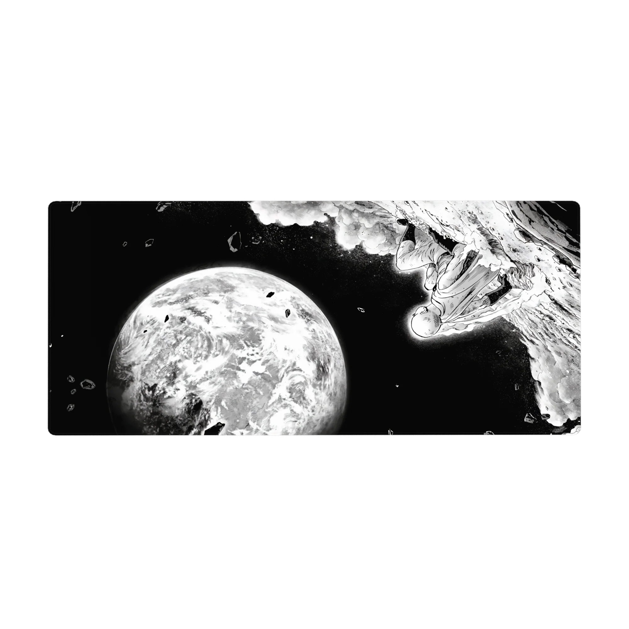 36x16 inches anime desk pad with black-and-white space hero art, shattered rock debris, glowing planet backdrop.