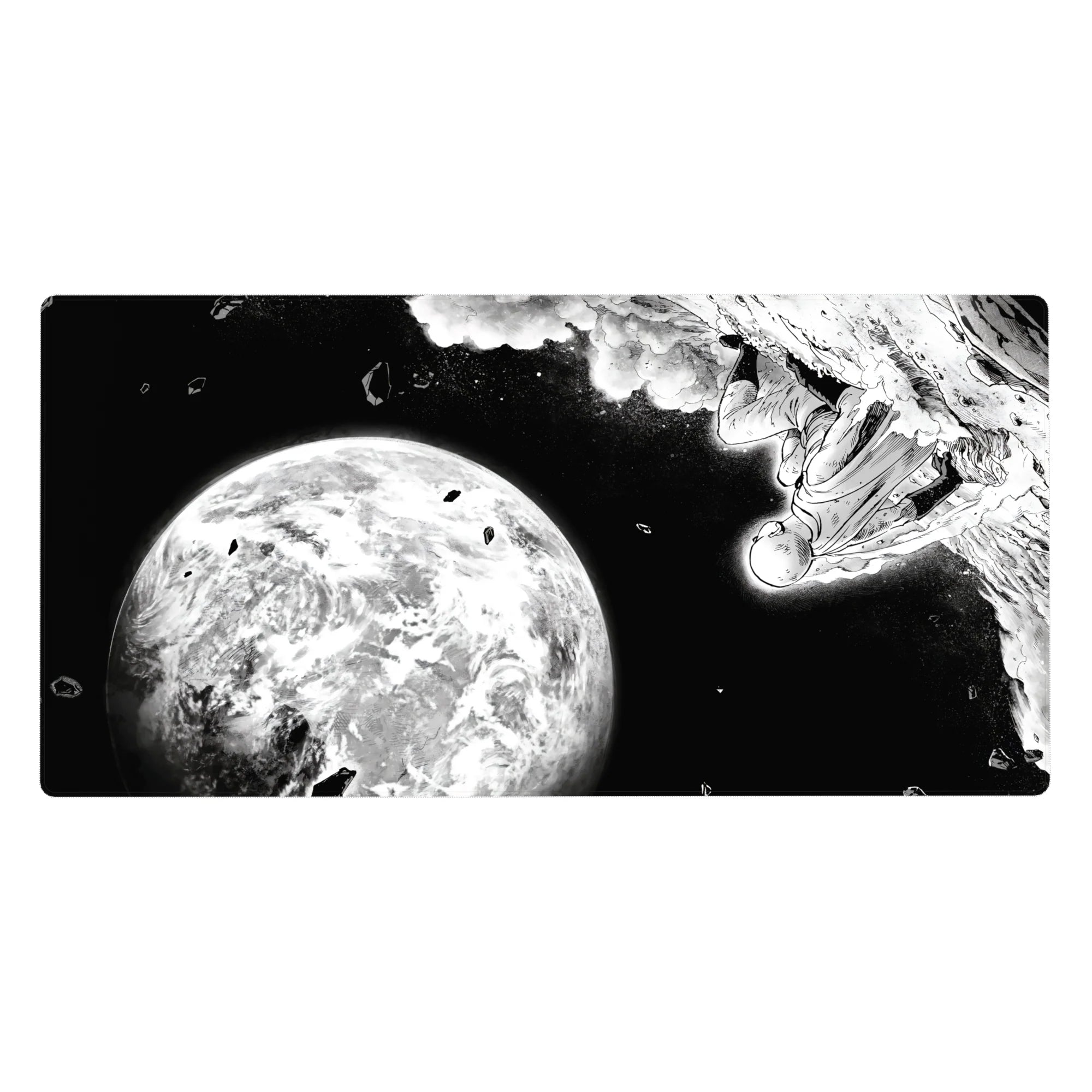 40x20 inches anime desk pad with black-and-white space hero diving by a glowing planet and debris.