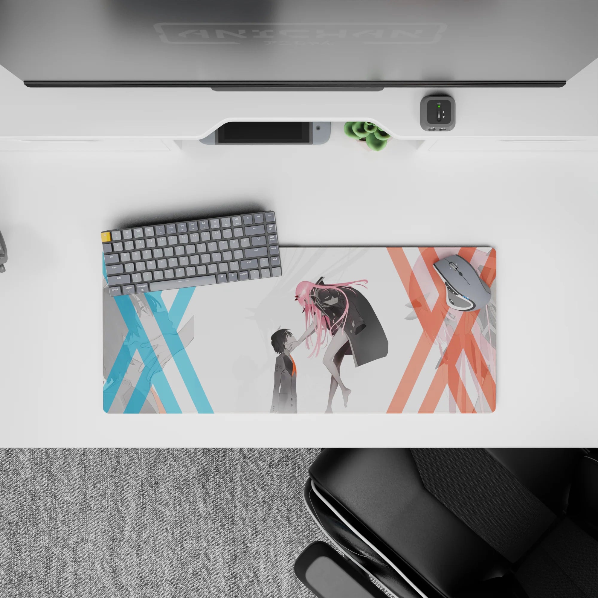 Anime mouse pad 28x12 inches featuring Zero Two and Hiro from Darling in the Franxx, capturing their intense connection.