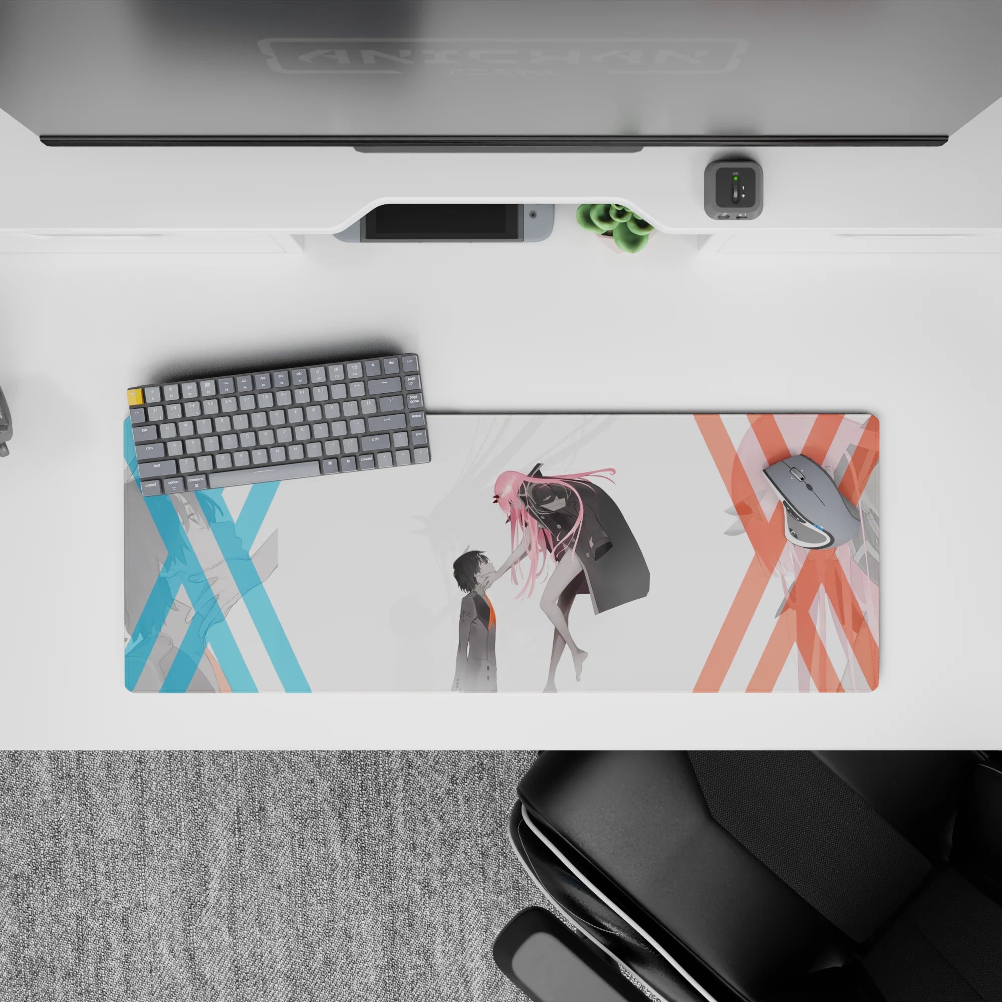 Anime mouse pad 32x12 inches featuring Zero Two and Hiro from Darling in the Franxx, capturing their emotional connection.