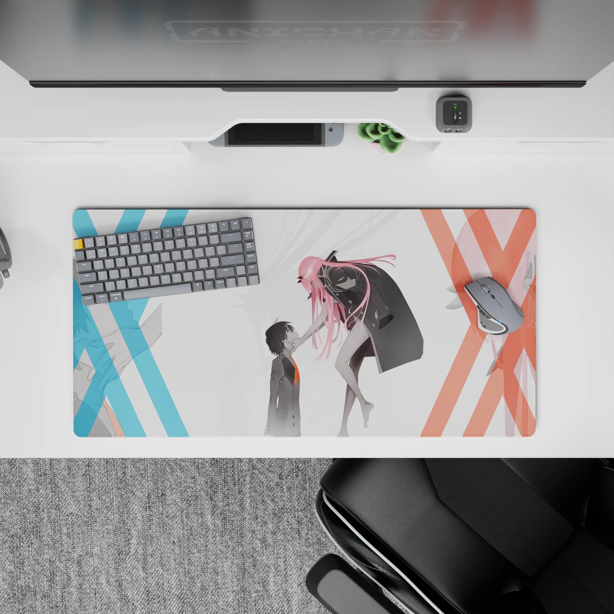 Anime mouse pad 32x16 inches featuring Zero Two and Hiro from Darling in the Franxx. Bold red, blue Xs, emotional scene.