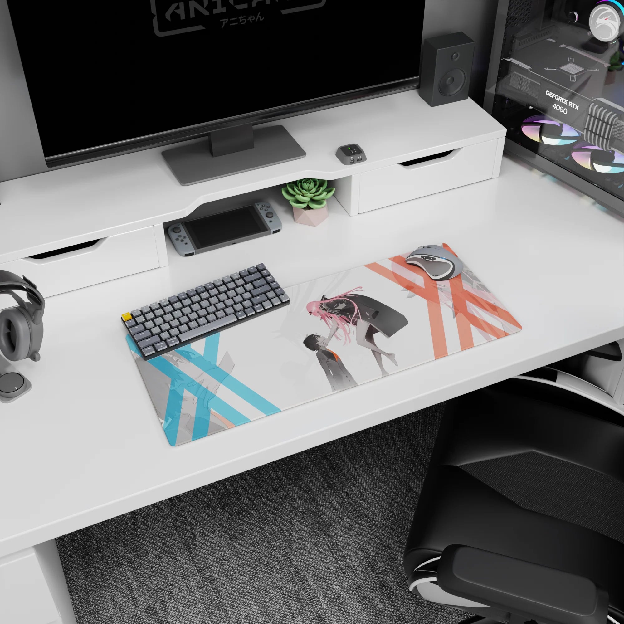 Anime mouse pad 28x12 inches featuring Zero Two and Hiro from Darling in the Franxx, with minimalist red and blue Xs.