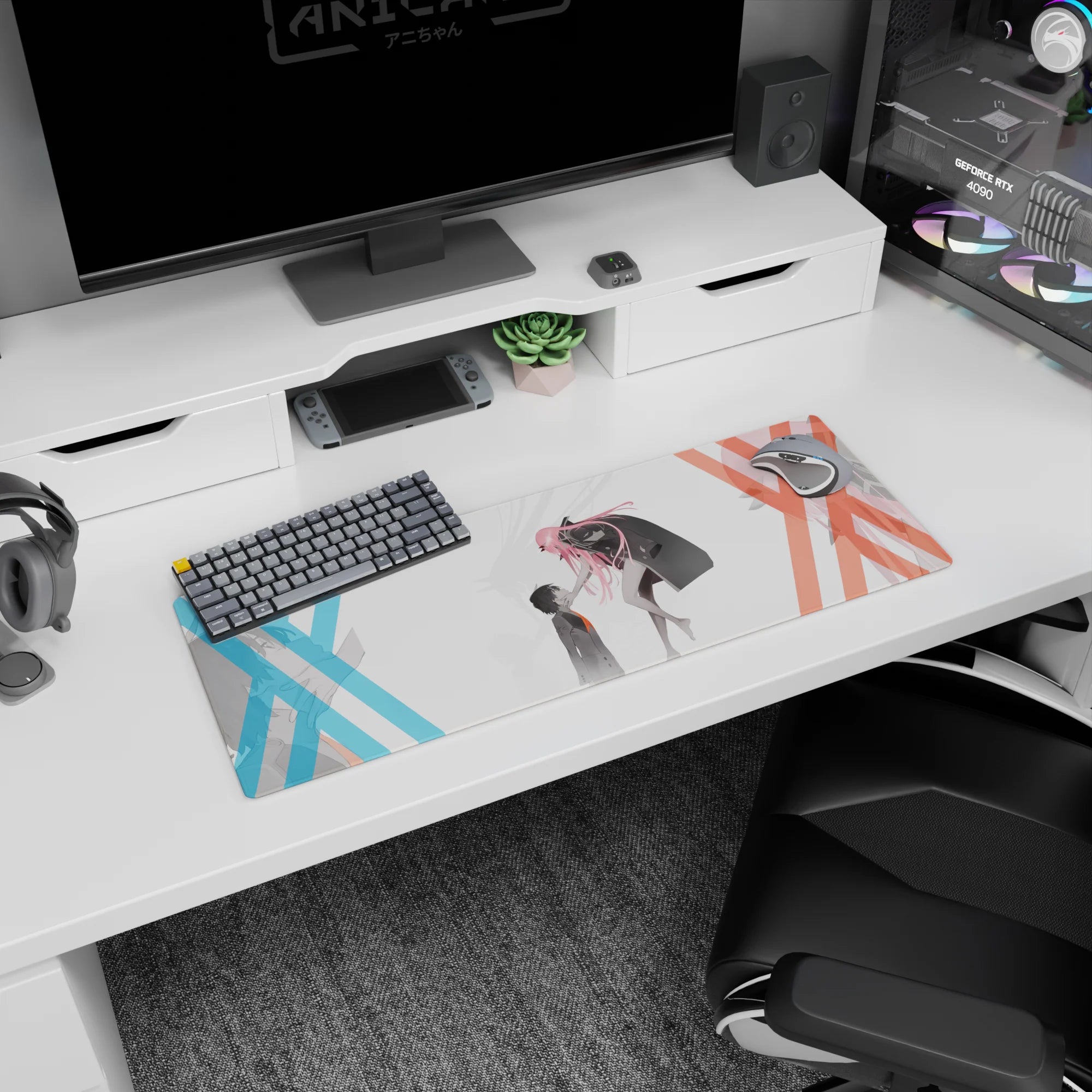 Anime mouse pad 32x12 inches featuring Zero Two and Hiro from Darling in the Franxx, capturing their emotional connection.