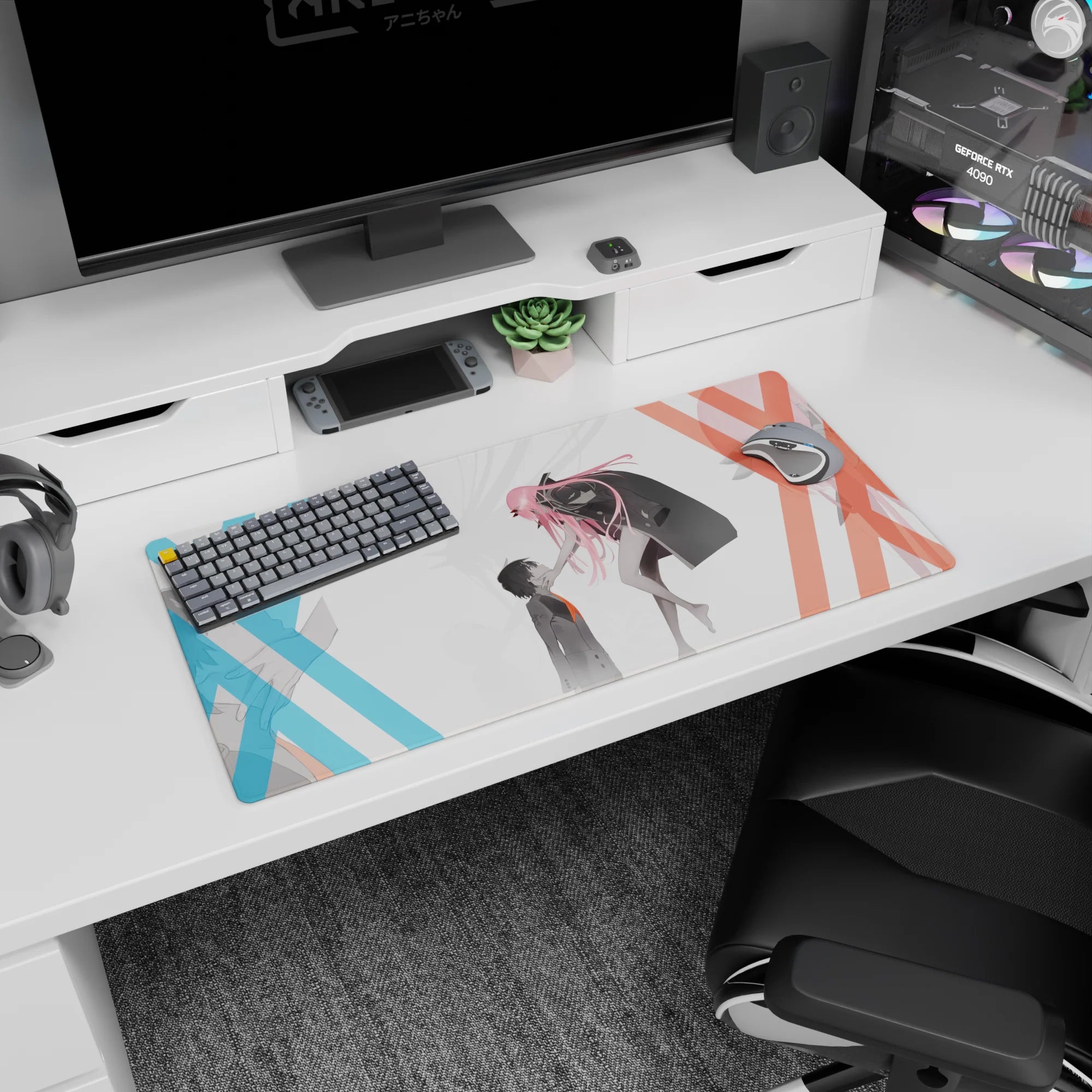 Anime mouse pad 32x16 inches featuring Zero Two and Hiro from Darling in the Franxx, with minimalist red and blue accents.