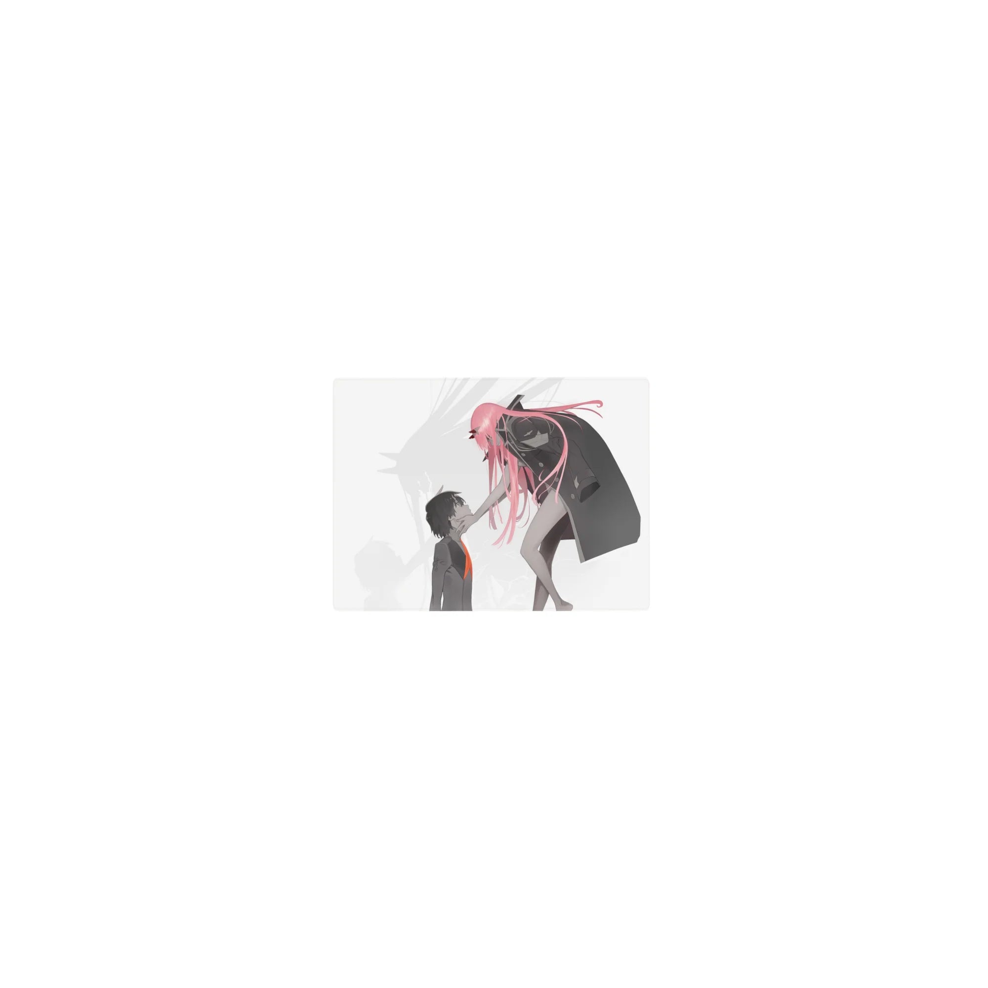 Anime mouse pad featuring Zero Two and Hiro from Darling in the Franxx, size 14x10 inches, minimalist design with bold colors.