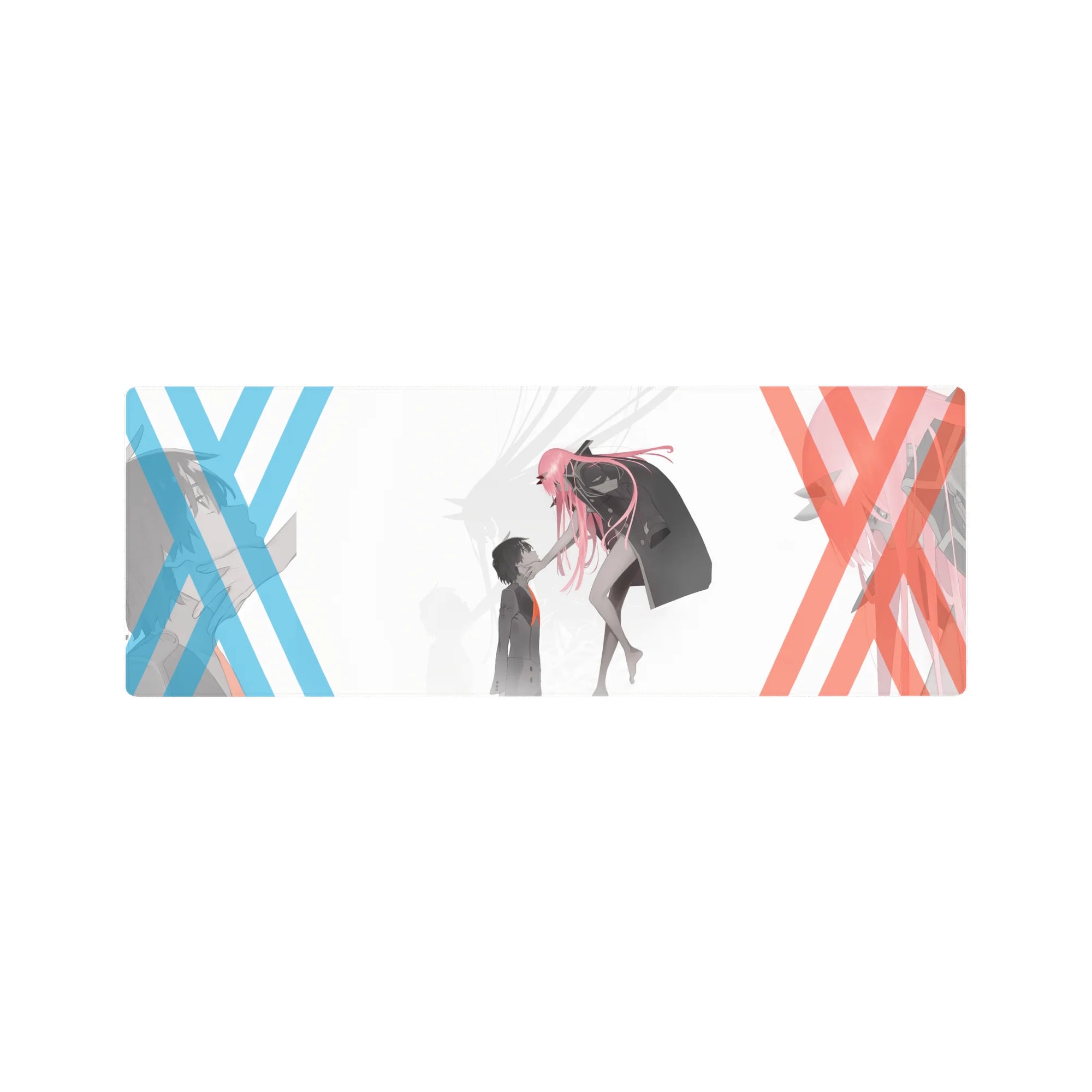 Anime mouse pad 32x12 inches featuring Zero Two and Hiro from Darling in the Franxx, showcasing their bond and defiance.