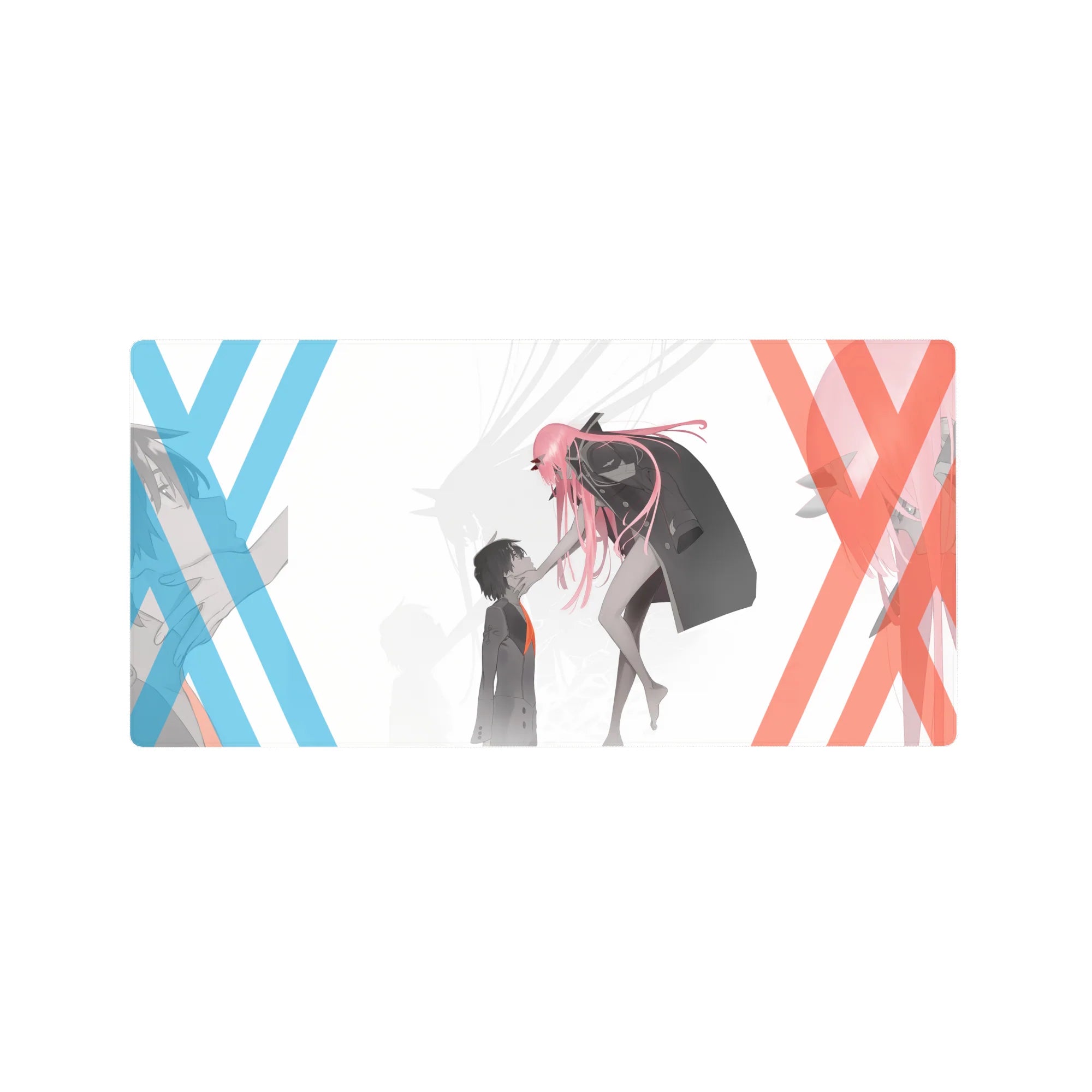 Anime mouse pad 32x16 inches featuring Zero Two and Hiro from Darling in the Franxx, capturing their intense connection.
