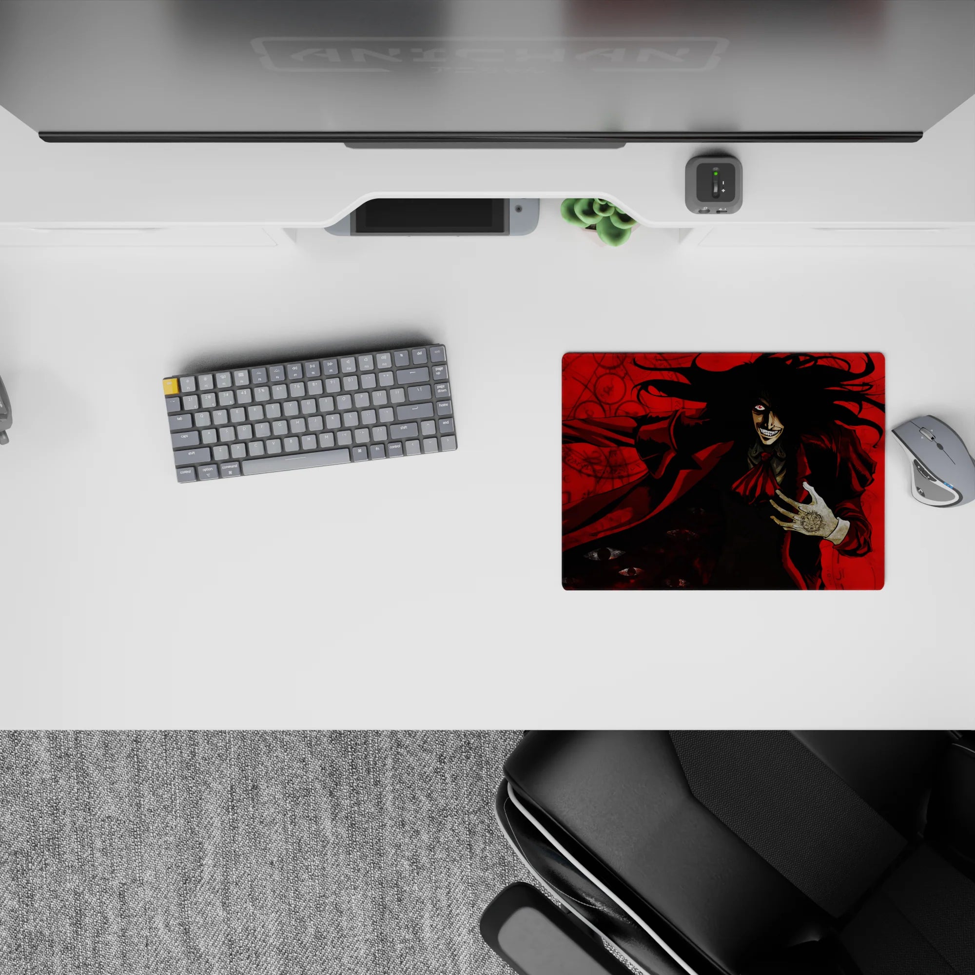 Dark crimson and black 14x10 inches anime mouse pad with high-contrast chaos and a fierce occult vibe.