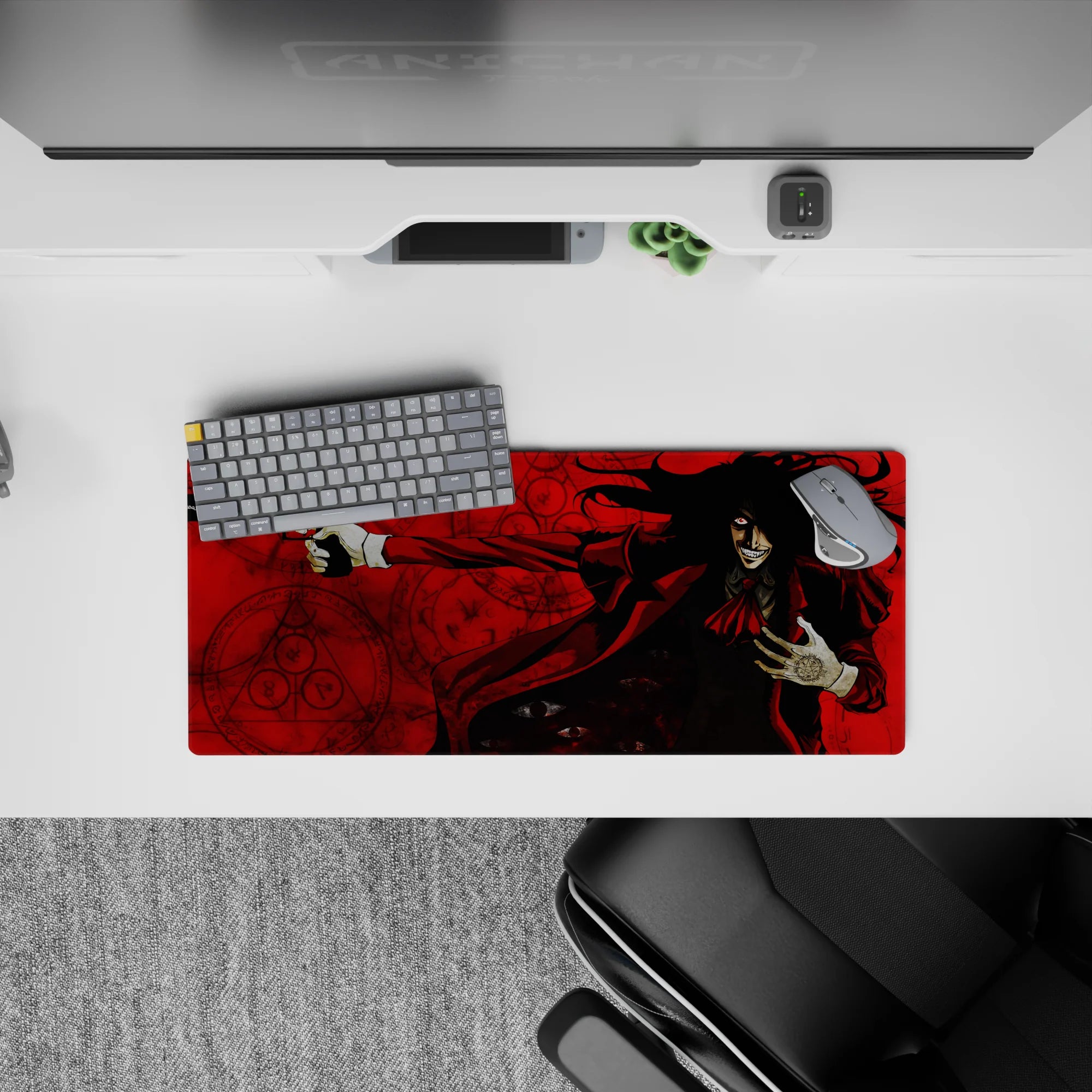 28x12 inches anime mouse pad in blood reds and sharp blacks, high-contrast, dark occult chaos vibe.