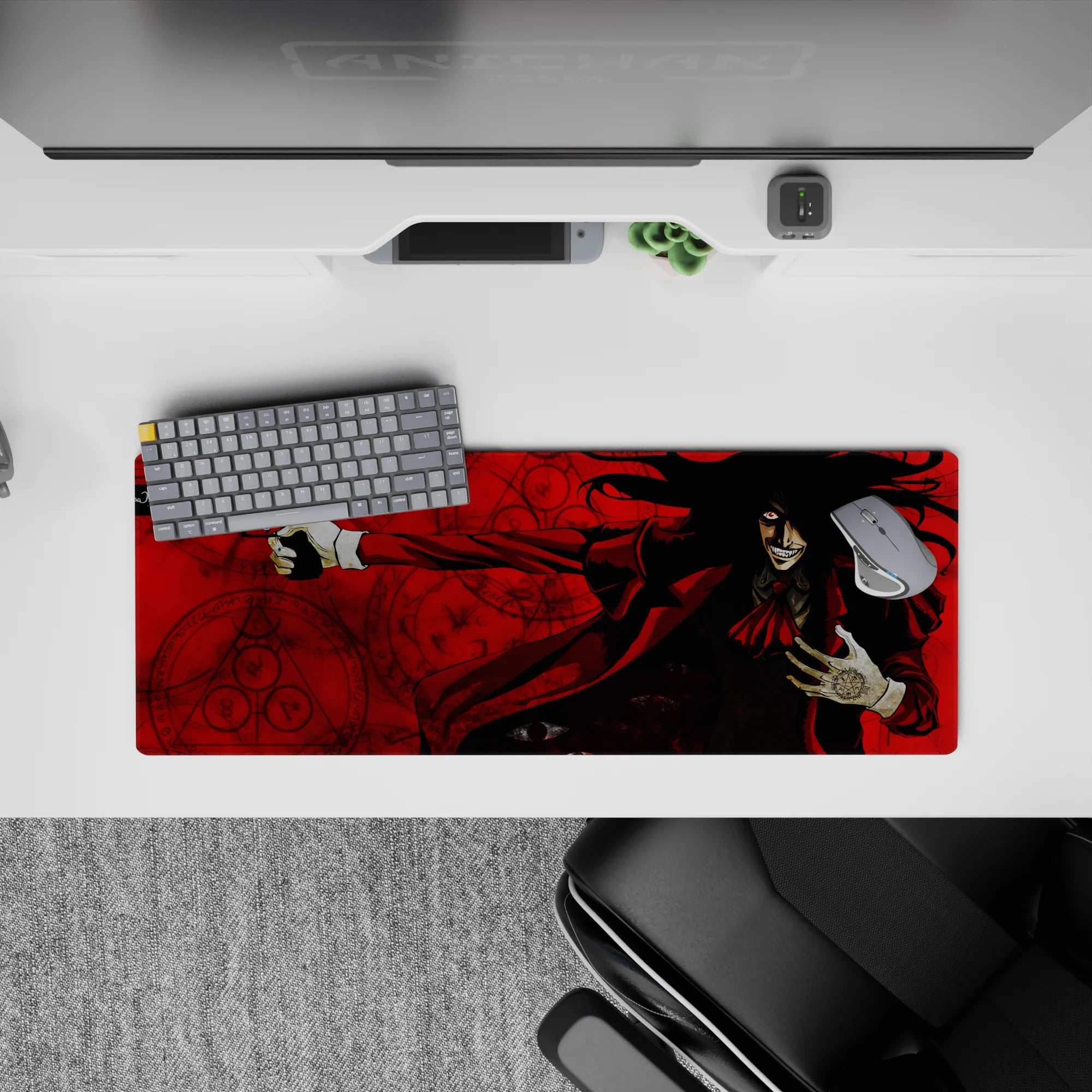 32x12 inches anime mouse pad in blood reds and sharp blacks, dark chaotic vibe with high contrast.