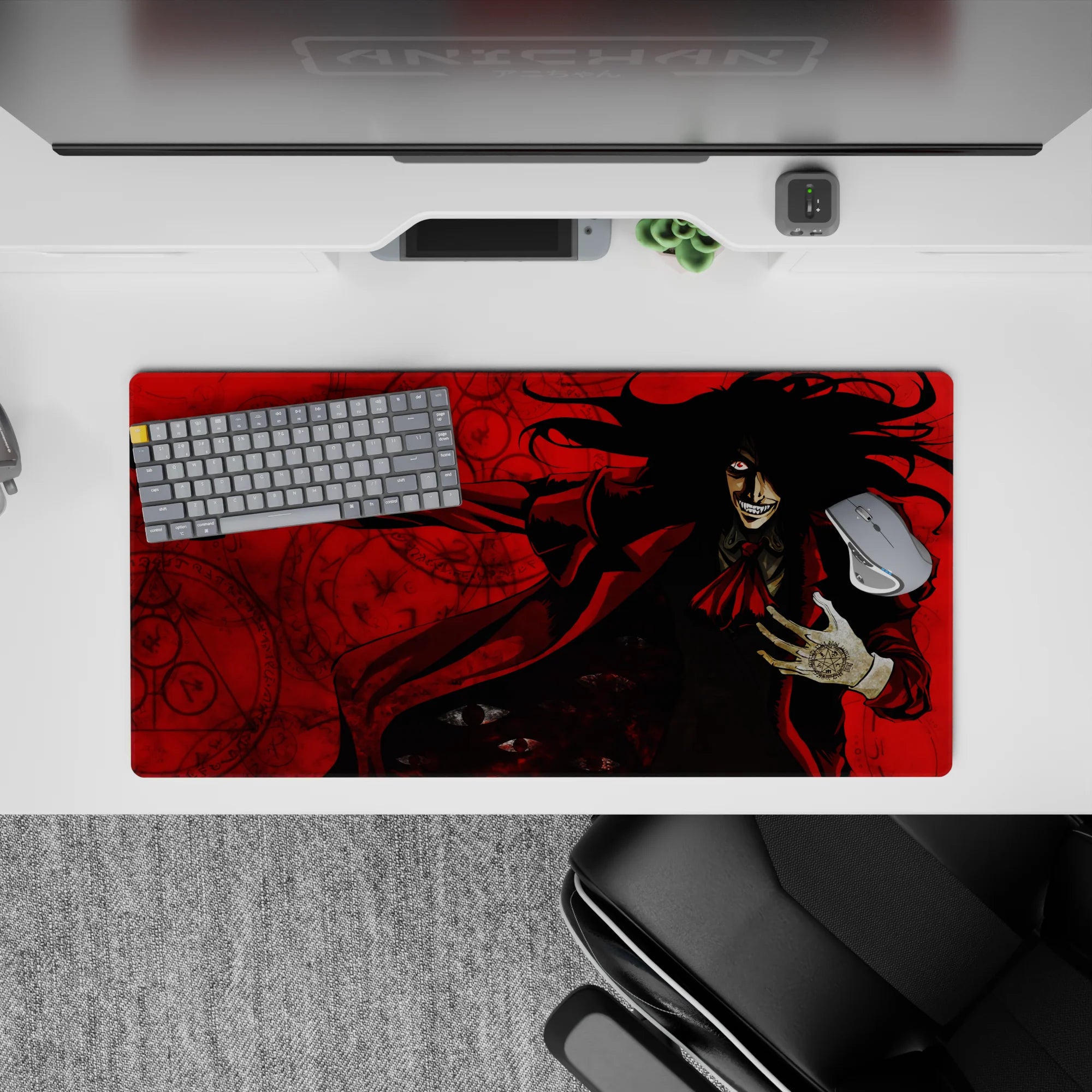 32x16 inches anime mouse pad in blood reds and sharp blacks, dark occult vibe with high-contrast chaos.