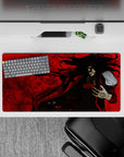 32x16 inches anime mouse pad in blood reds and sharp blacks, dark occult vibe with high-contrast chaos.