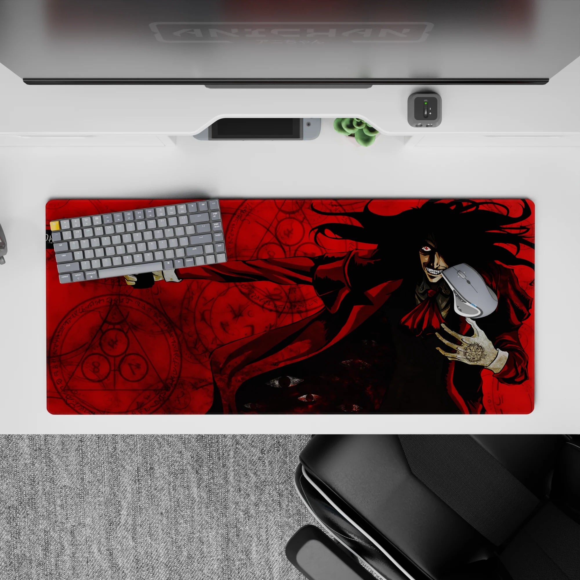 36x16 inches anime desk pad in sharp blacks and blood reds, high-contrast occult chaos vibe.