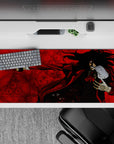 36x16 inches anime desk pad in sharp blacks and blood reds, high-contrast occult chaos vibe.