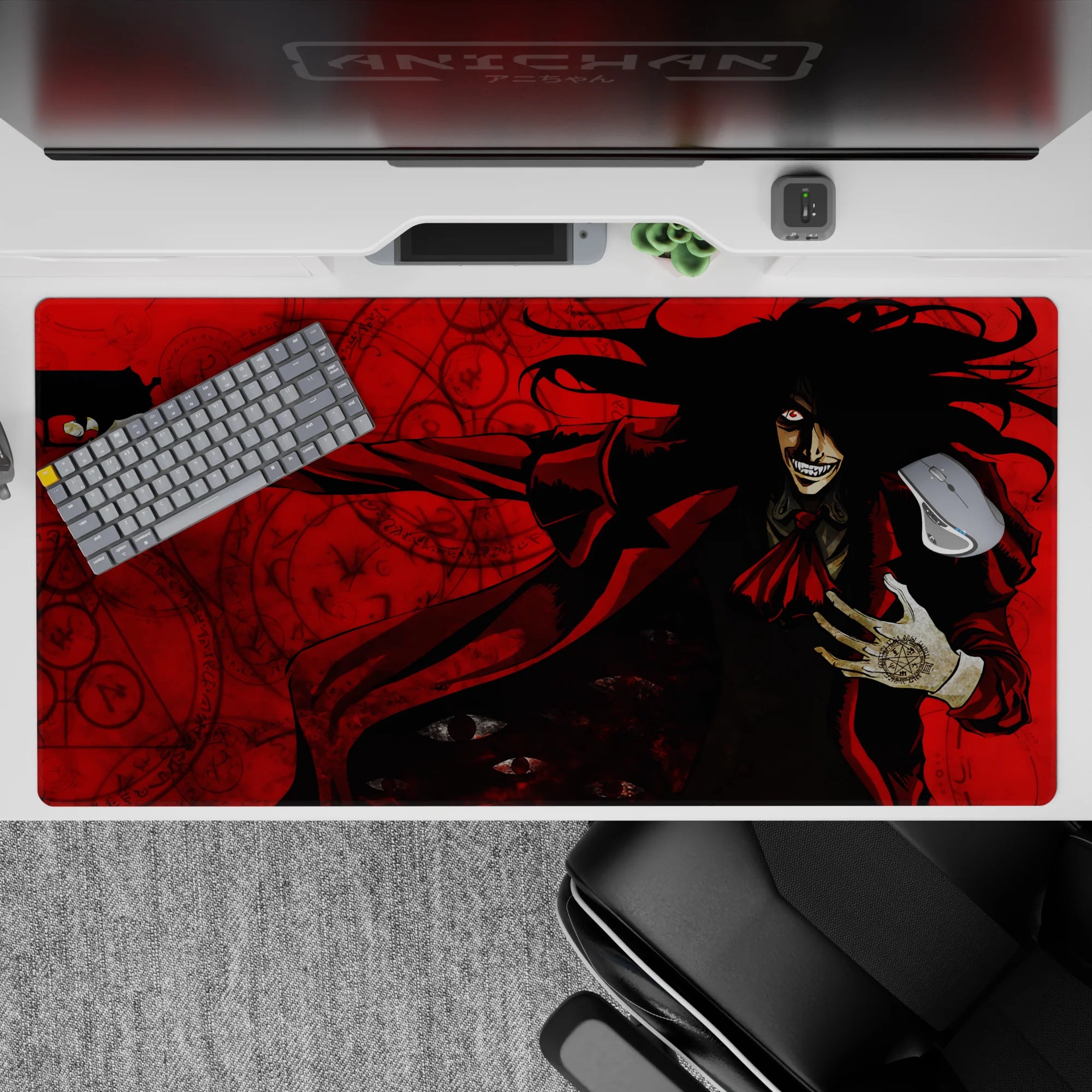 40x20 inches anime desk pad in blood reds and sharp blacks, dark occult vibe with high-contrast chaos.