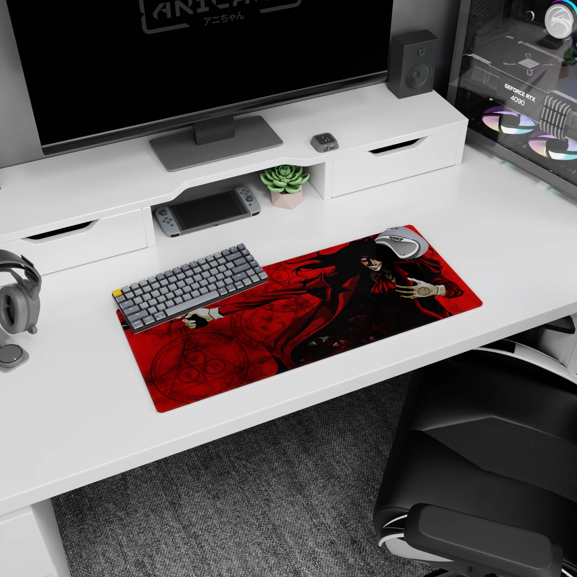 28x12 inches anime mouse pad showing Alucard grinning, hair like smoke, firing a pistol amid crimson seals.