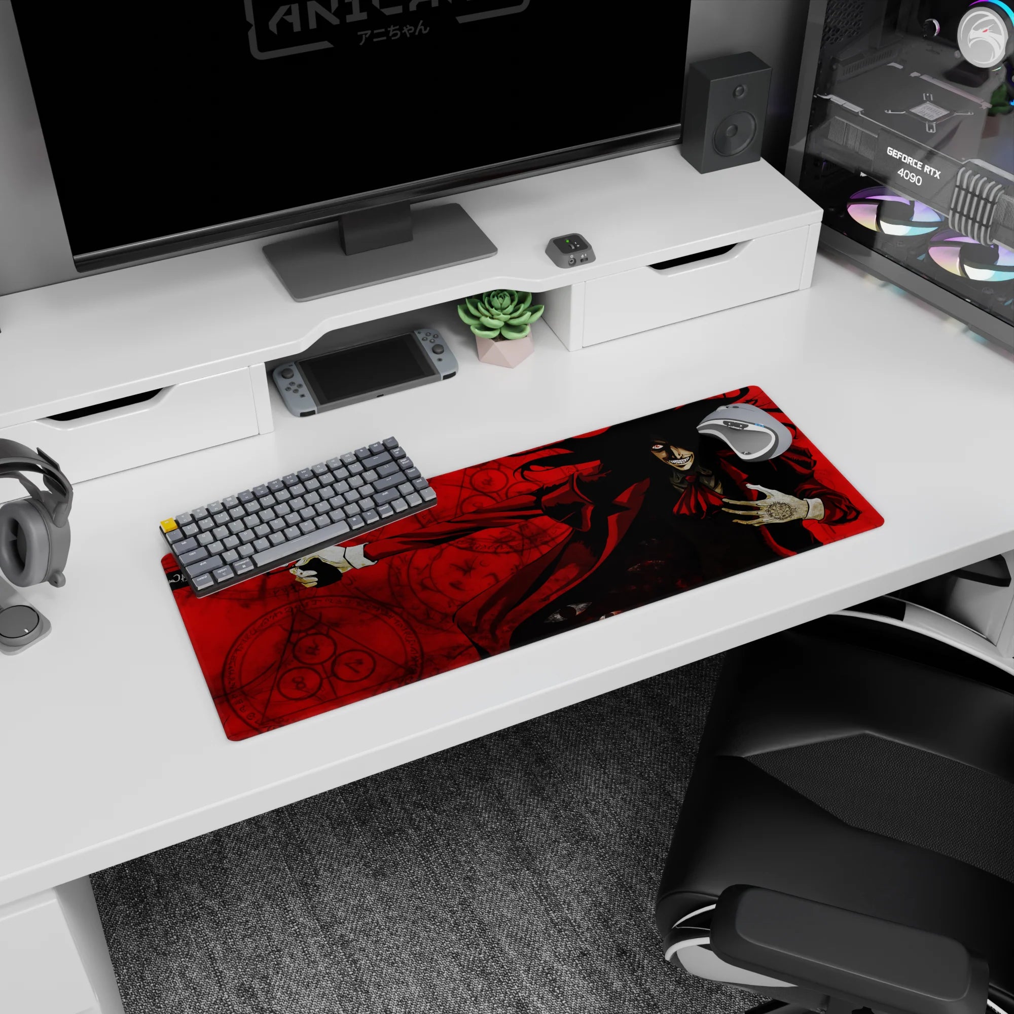 32x12 inches anime mouse pad featuring Alucard aiming a pistol, grin shining through swirling crimson seals.