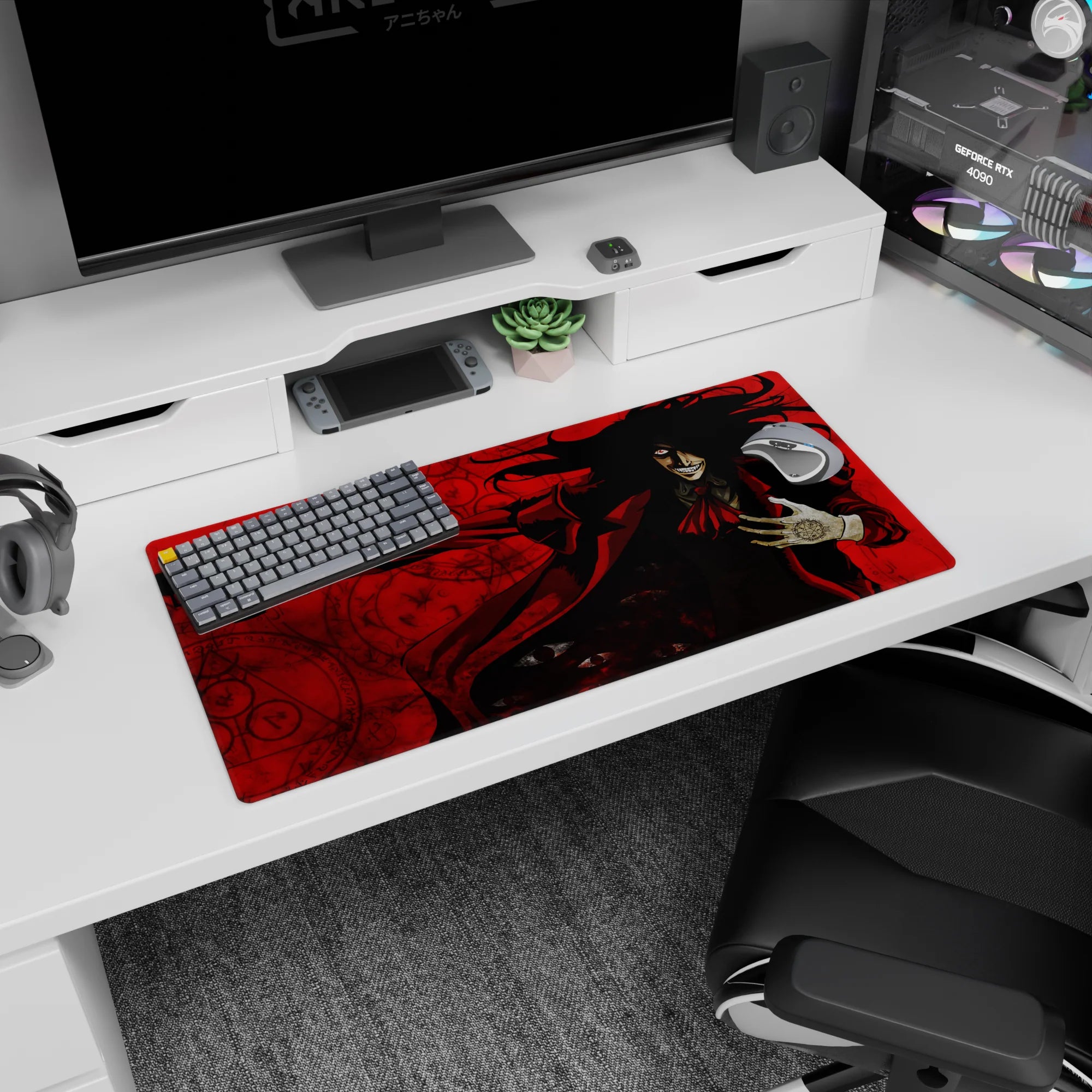 32x16 inches anime mouse pad showing Alucard grinning, pistol raised, marked glove and ribbon tie.