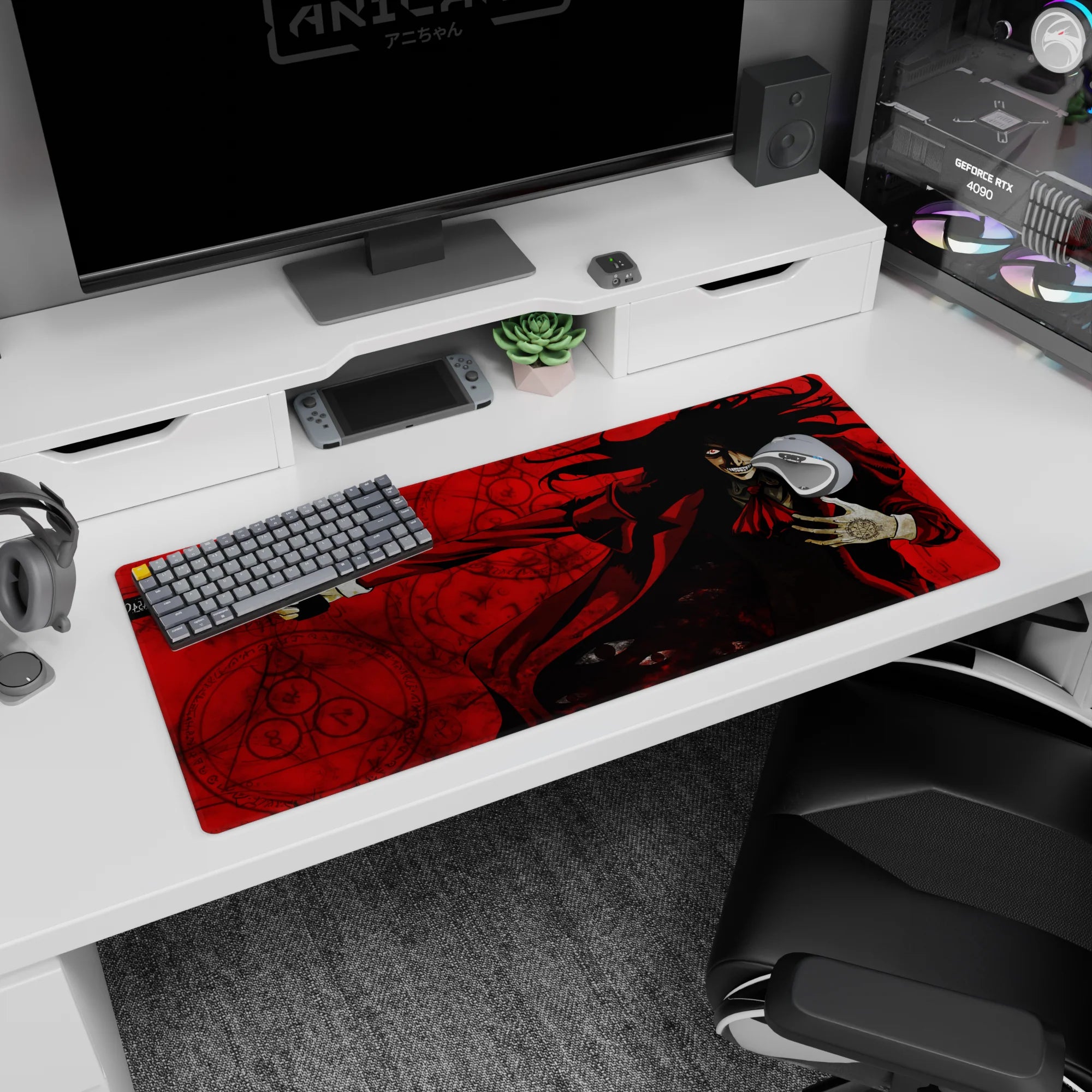 36x16 inches anime desk pad showing Alucard grinning, hair like smoke, aiming a pistol amid seals.