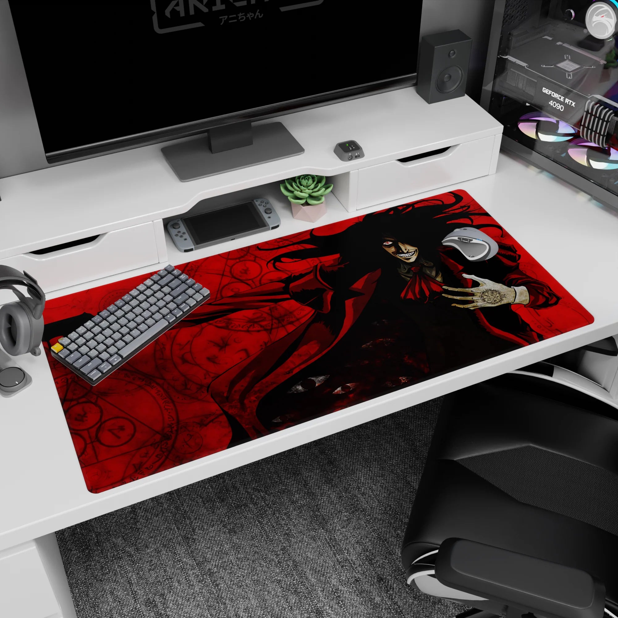 40x20 inches anime desk pad showing Alucard grinning, pistol raised, marked glove and ribbon tie.