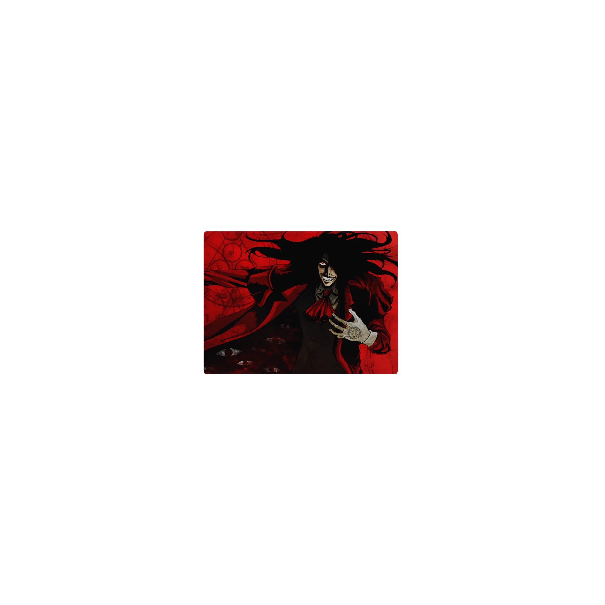 Classic anime mouse pad 14x10 inches with occult seals, shadowed eyes, and a red-coated vampire design.