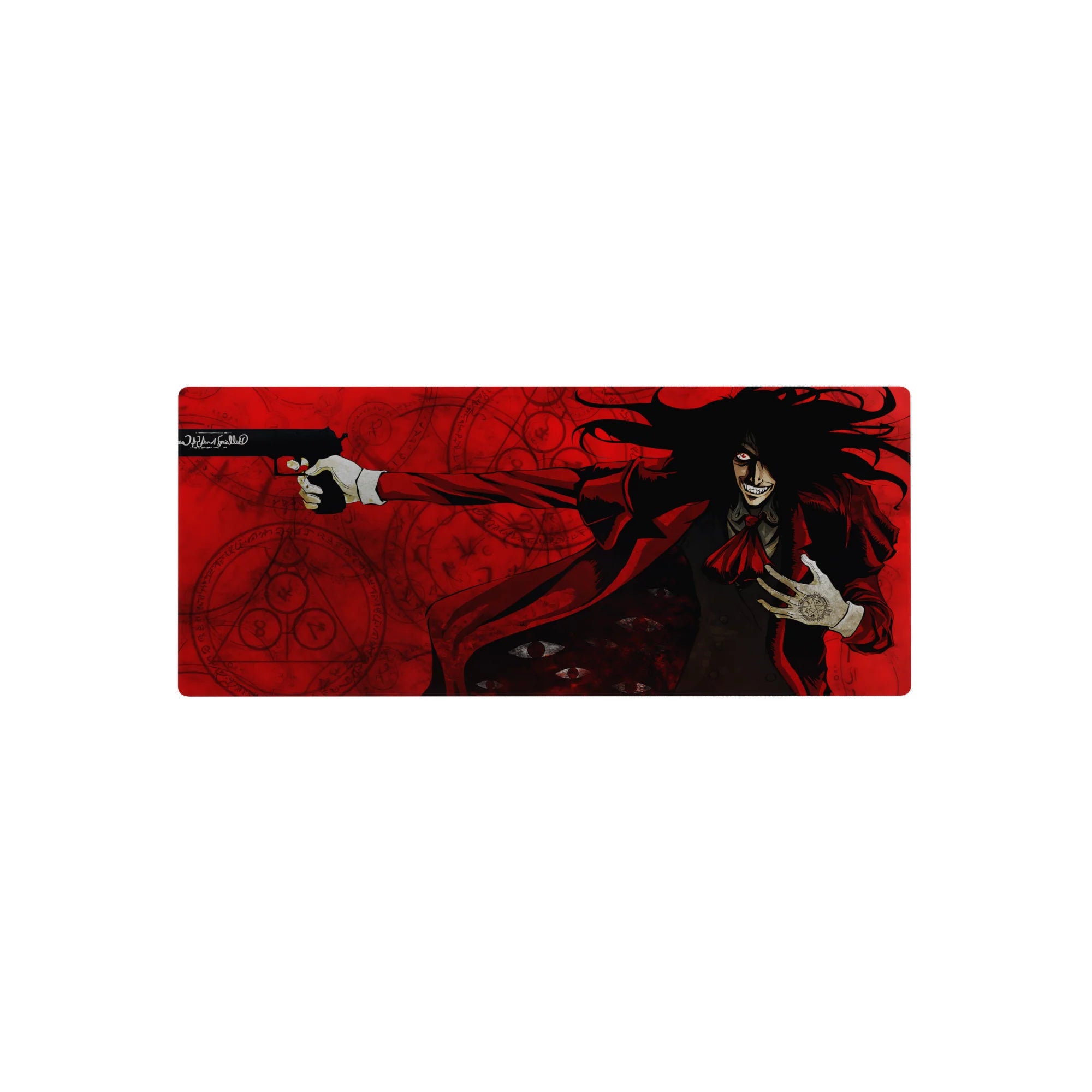 28x12 inches anime mouse pad with Alucard in red coat, occult seals, shadowed eyes, and pistol pose.