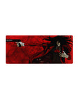 28x12 inches anime mouse pad with Alucard in red coat, occult seals, shadowed eyes, and pistol pose.