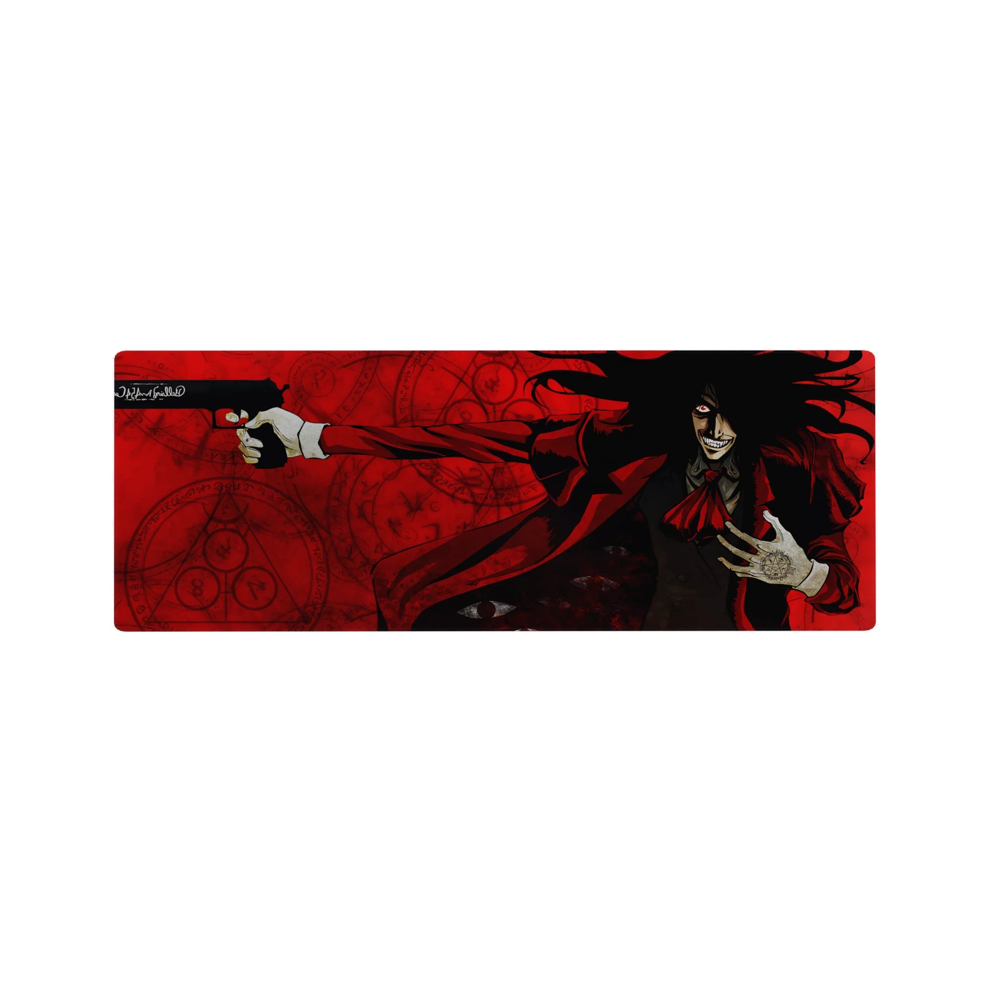 32x12 inches anime mouse pad with Alucard in a red coat, occult seals and shadowed eyes design.
