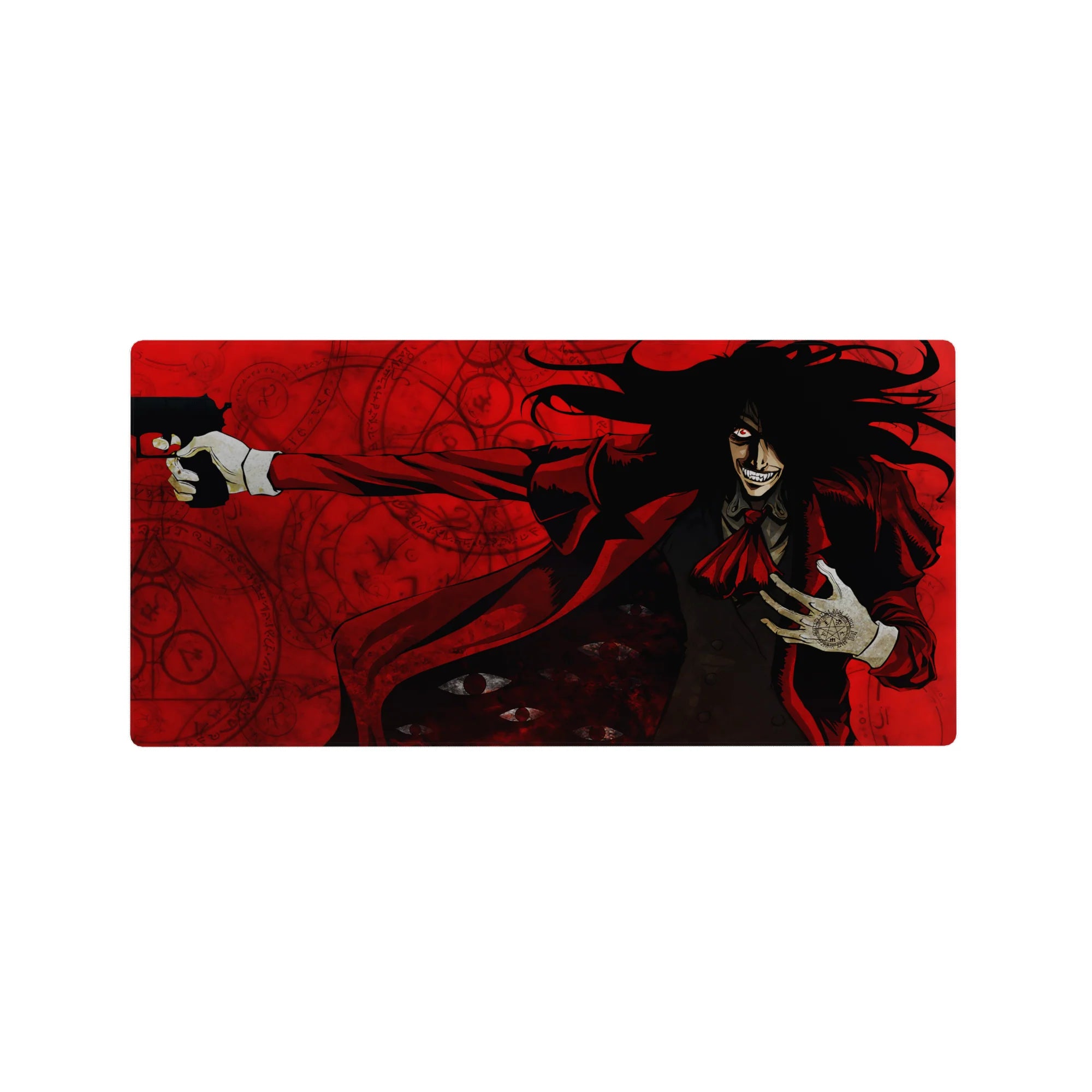 32x16 inches anime mouse pad with Alucard in red coat, occult seals and shadowed eyes, action pose.