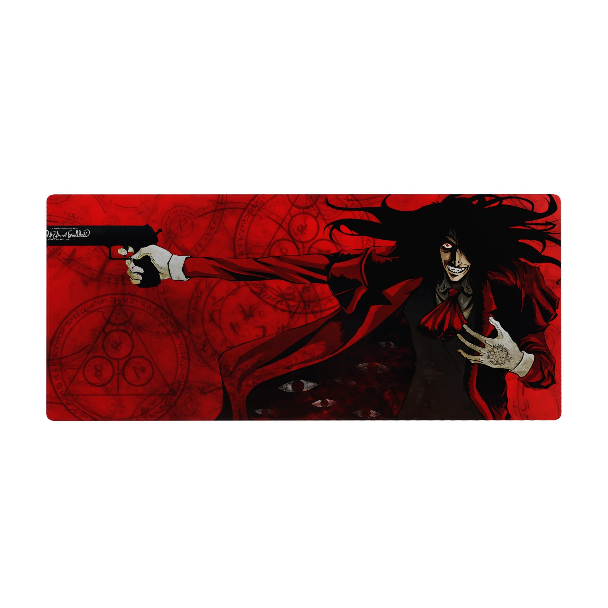 36x16 inches anime desk pad with Alucard in a red coat, occult seals, shadowed eyes, and pistols.
