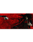 36x16 inches anime desk pad with Alucard in a red coat, occult seals, shadowed eyes, and pistols.