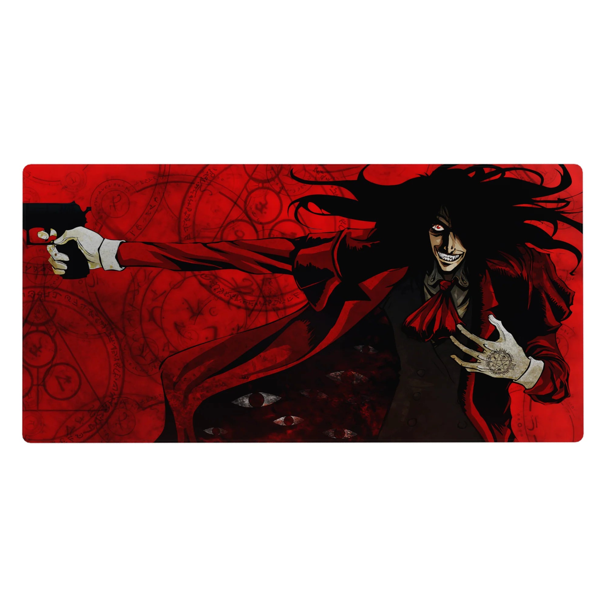 40x20 inches anime desk pad with Alucard in red coat, occult seals and shadowed eyes backdrop.