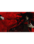 40x20 inches anime desk pad with Alucard in red coat, occult seals and shadowed eyes backdrop.