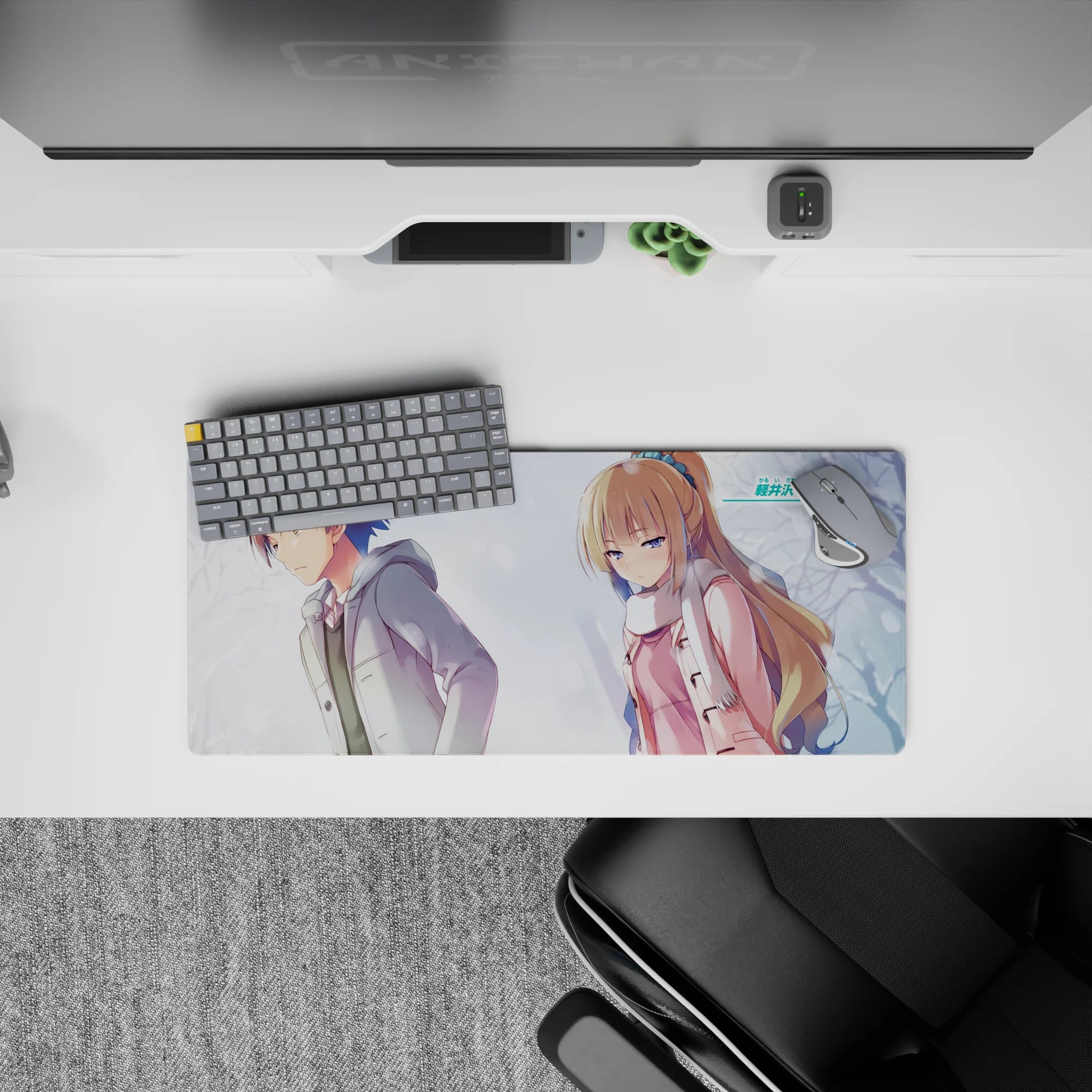 28x12 inches anime mouse pad in pastel blue-gray winter tones, quiet moody duo art, smooth tracking.