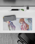 28x12 inches anime mouse pad in pastel blue-gray winter tones, quiet moody duo art, smooth tracking.
