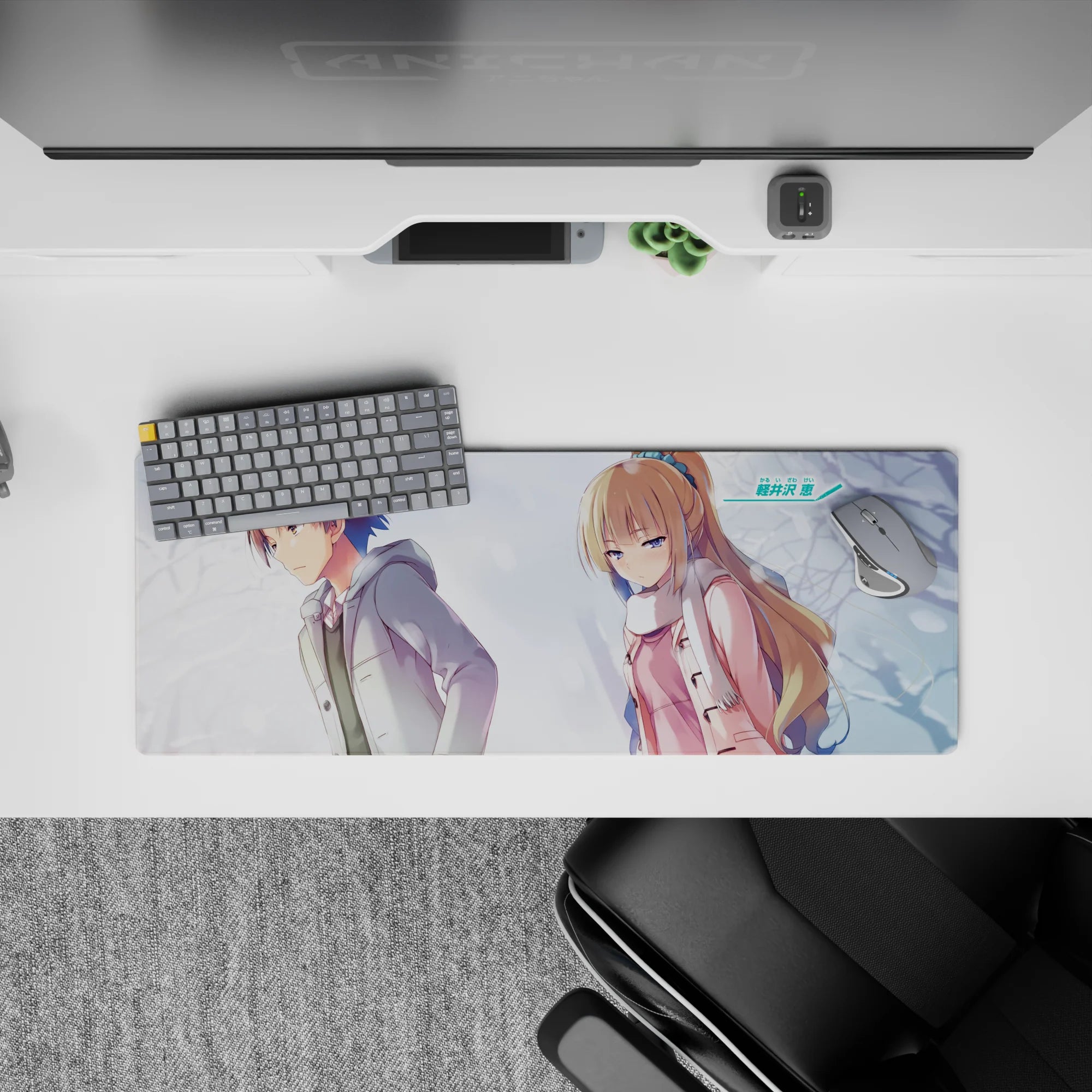 32x12 inches anime mouse pad in pastel blue-gray tones, quiet snowy mood and soft winter light.