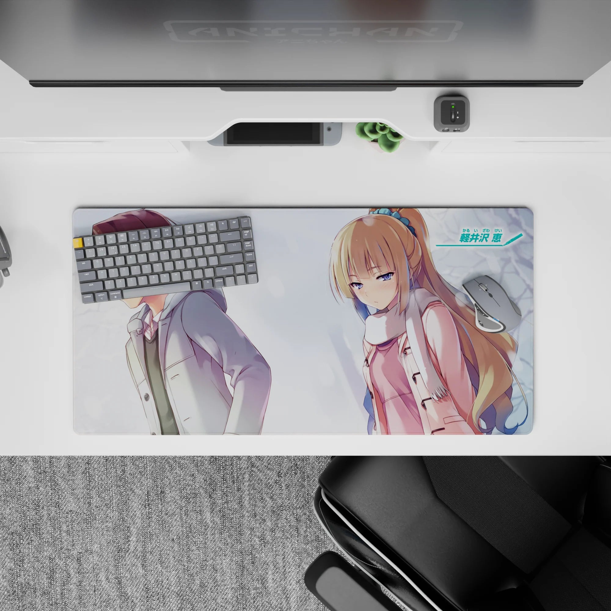 32x16 inches pastel blue-gray anime mouse pad, soft snowy mood with calm, wistful winter lighting.