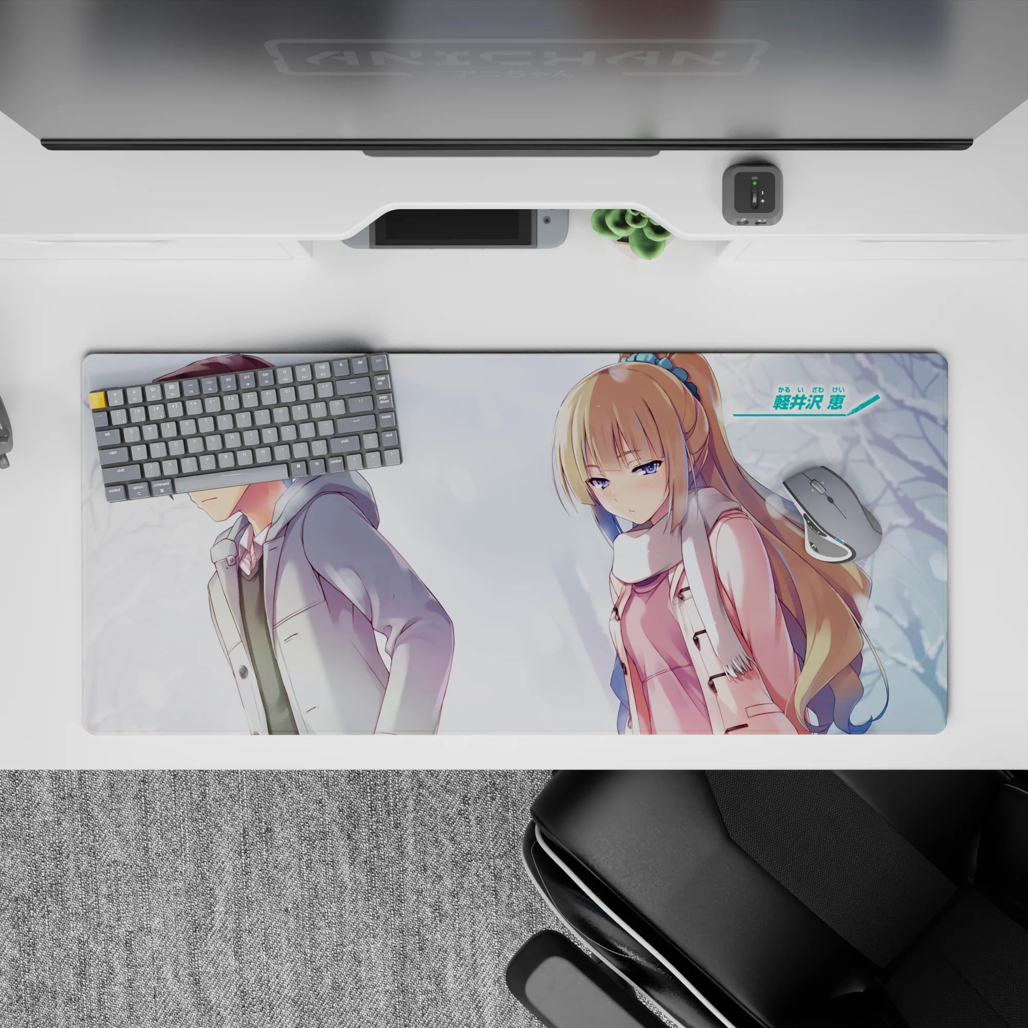 36x16 inches anime desk pad in pastel blue-gray snow scene, calm moody vibe with soft winter light.