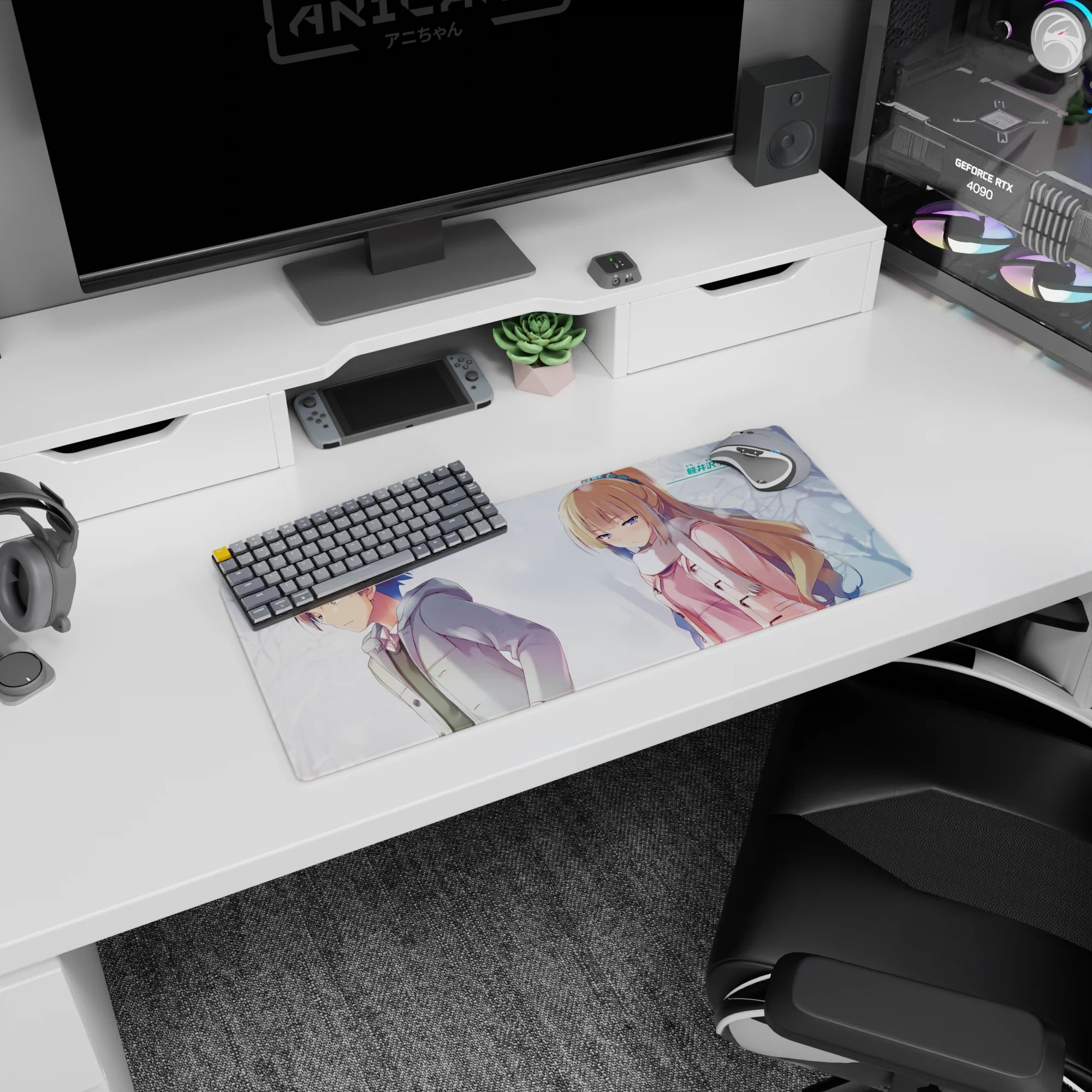 28x12 inches anime mouse pad showing boy in gray coat looking away from blonde girl in pink coat and scarf.