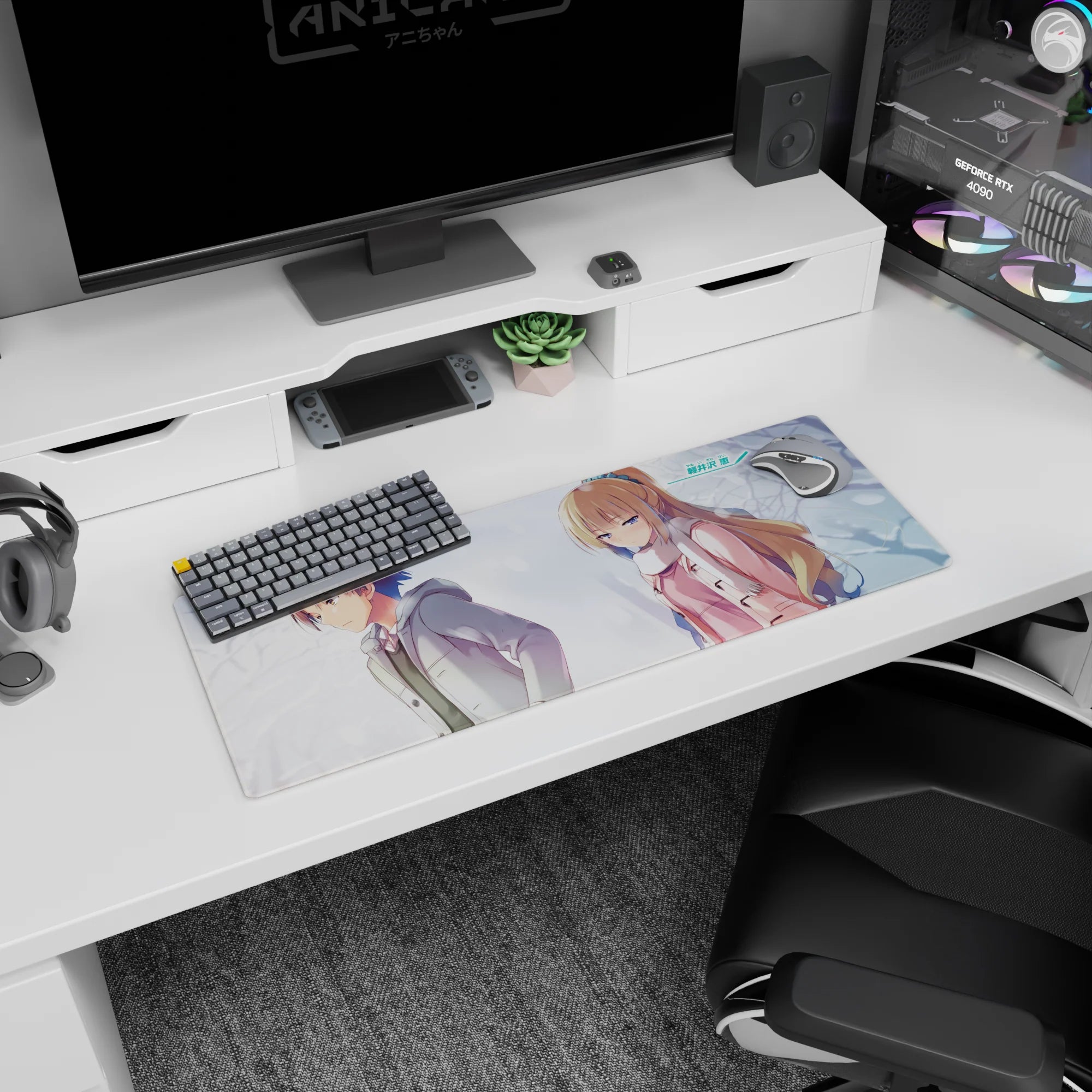 32x12 inches anime mouse pad showing distant couple, blonde girl in pink coat, boy looking away.