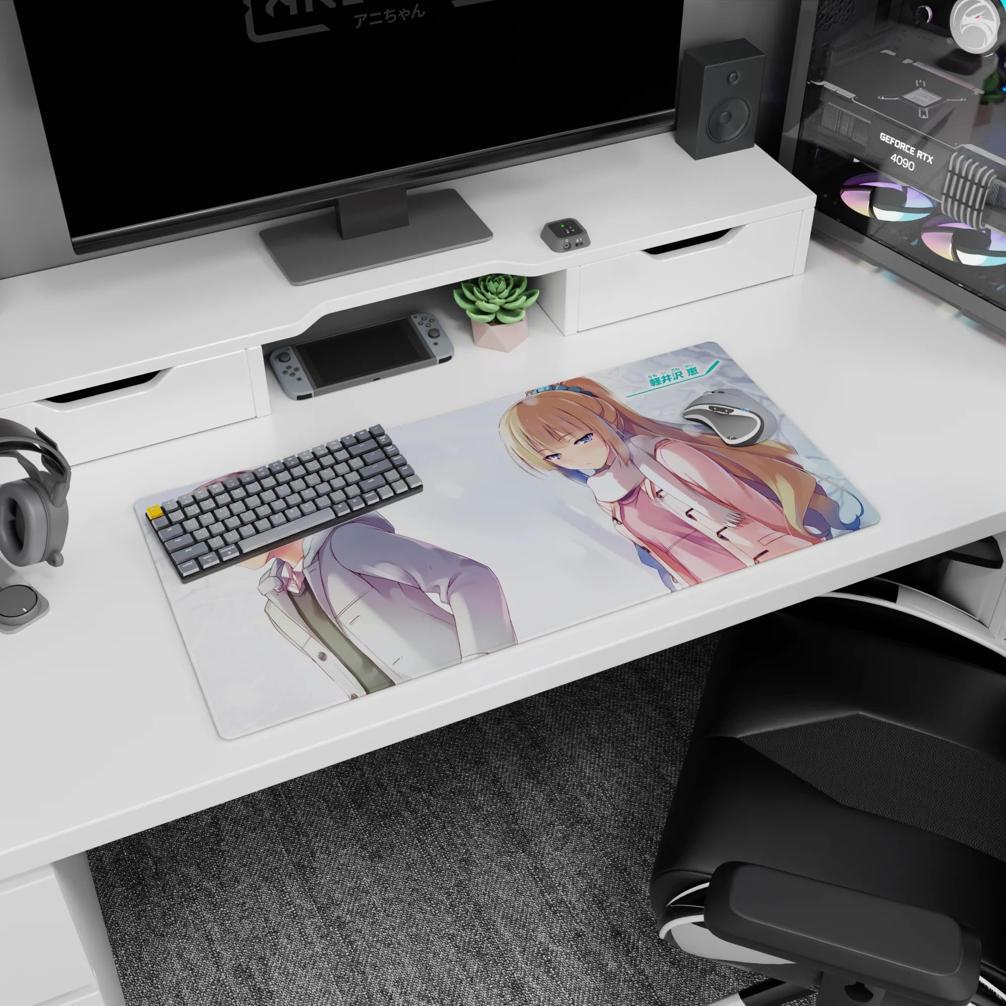 32x16 inches anime mouse pad showing distant couple: gray-coated boy turned away, girl in pink and white scarf.