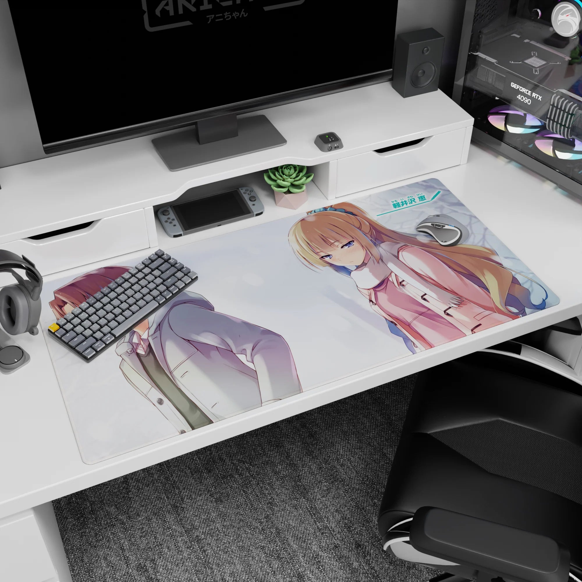 40x20 inches anime desk pad showing distant couple: honey-blonde girl in pink coat, boy looking away.