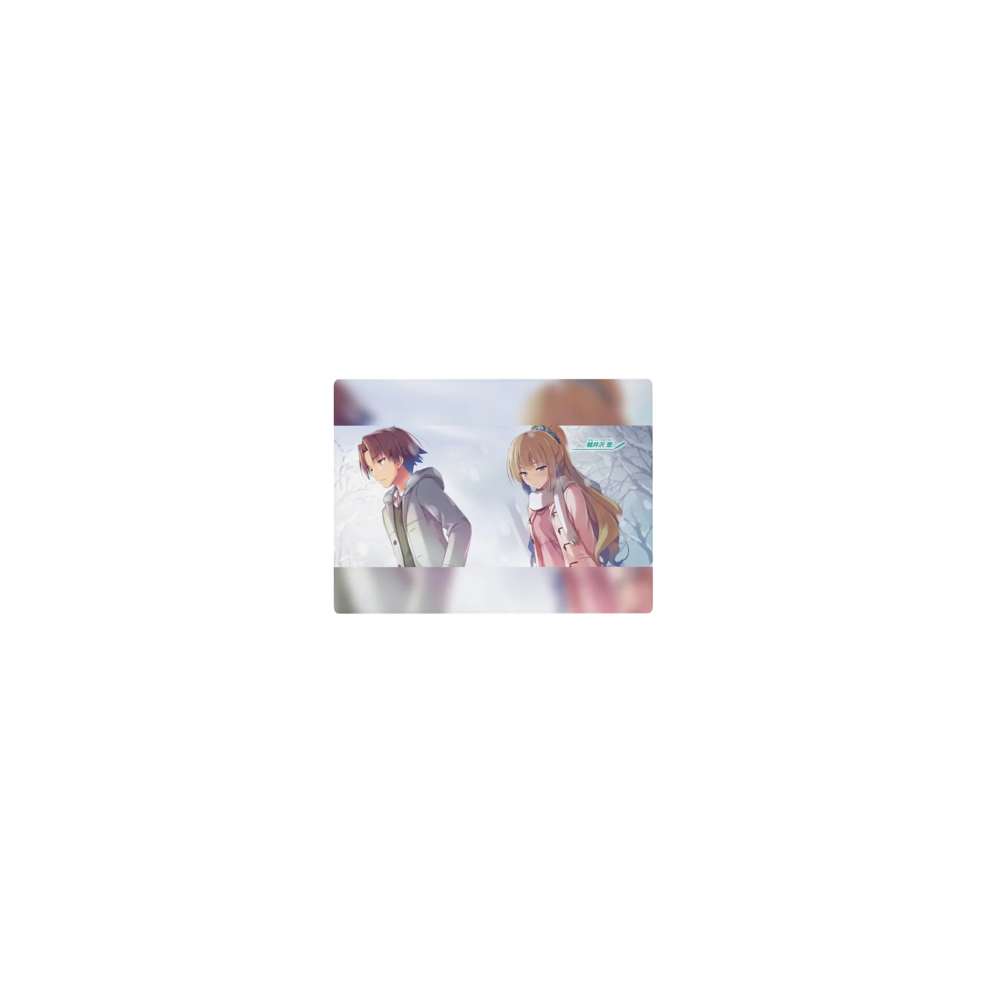 Classic anime mouse pad 14x10 inches with winter duo scene, boy in gray coat and girl in pink scarf.