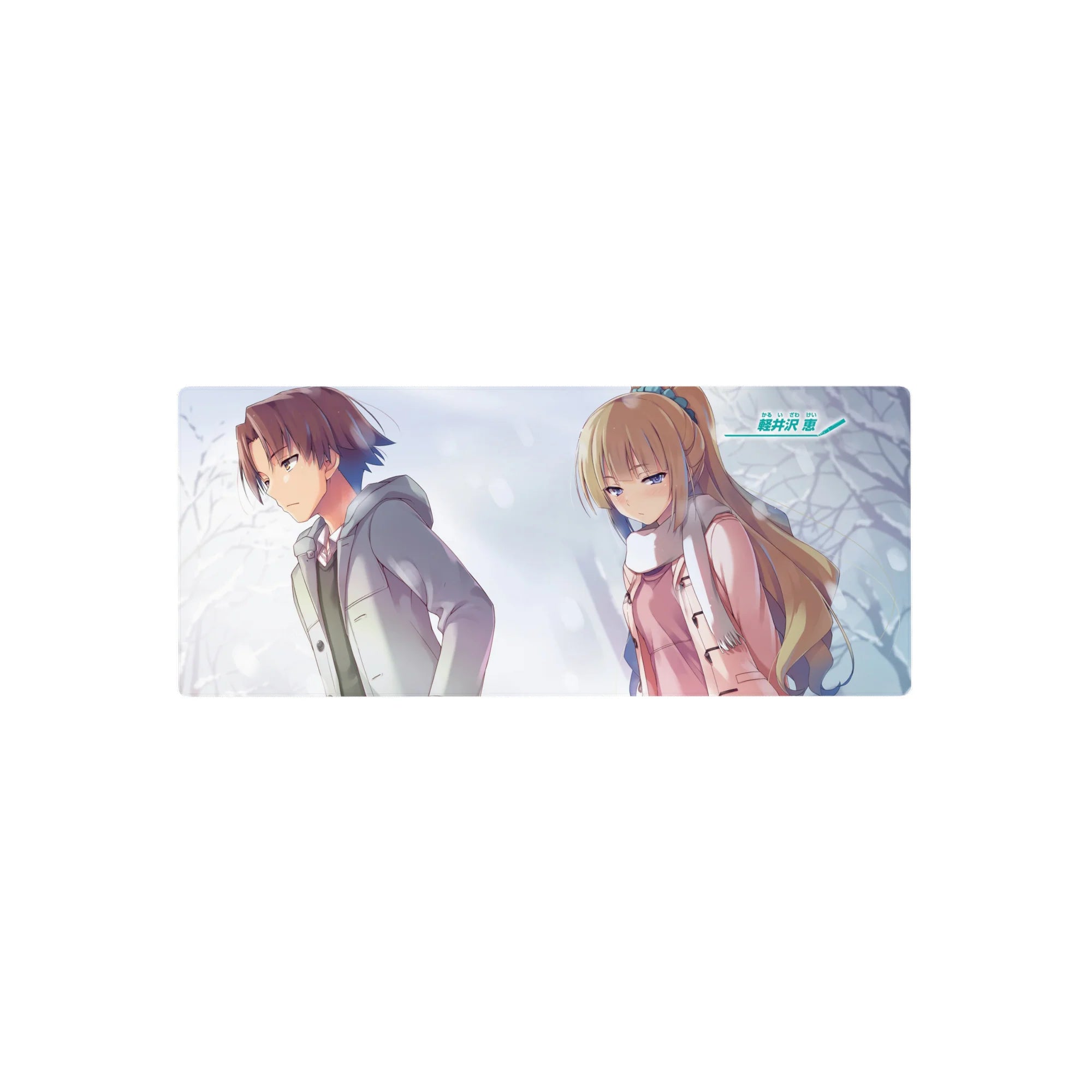 28x12 inches anime mouse pad with distant boy and blonde girl in winter coats on a snowy pastel backdrop.