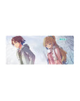 28x12 inches anime mouse pad with distant boy and blonde girl in winter coats on a snowy pastel backdrop.
