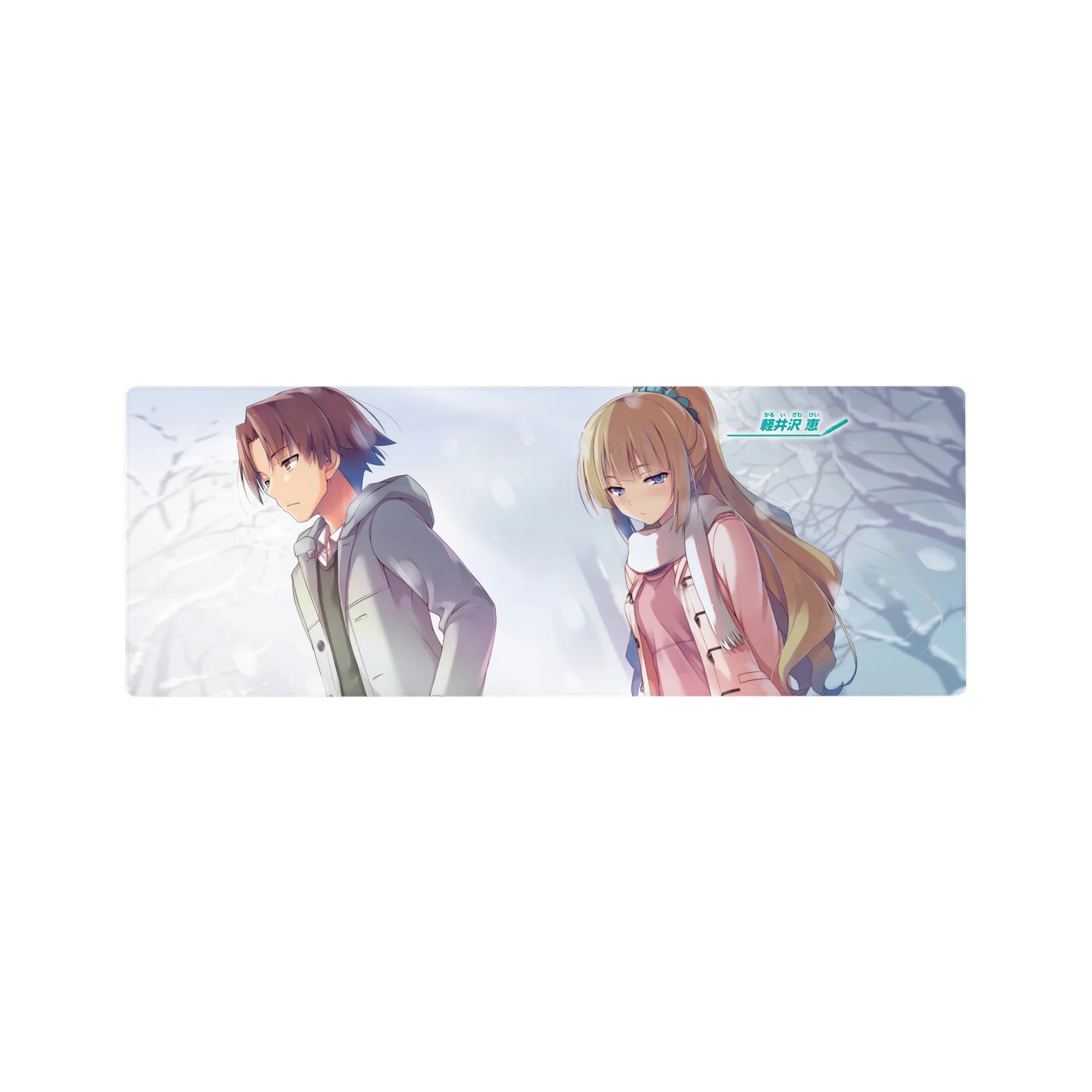 32x12 inches anime mouse pad with winter duo art, boy in gray coat and blonde girl in pink scarf.