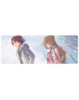 32x12 inches anime mouse pad with winter duo art, boy in gray coat and blonde girl in pink scarf.
